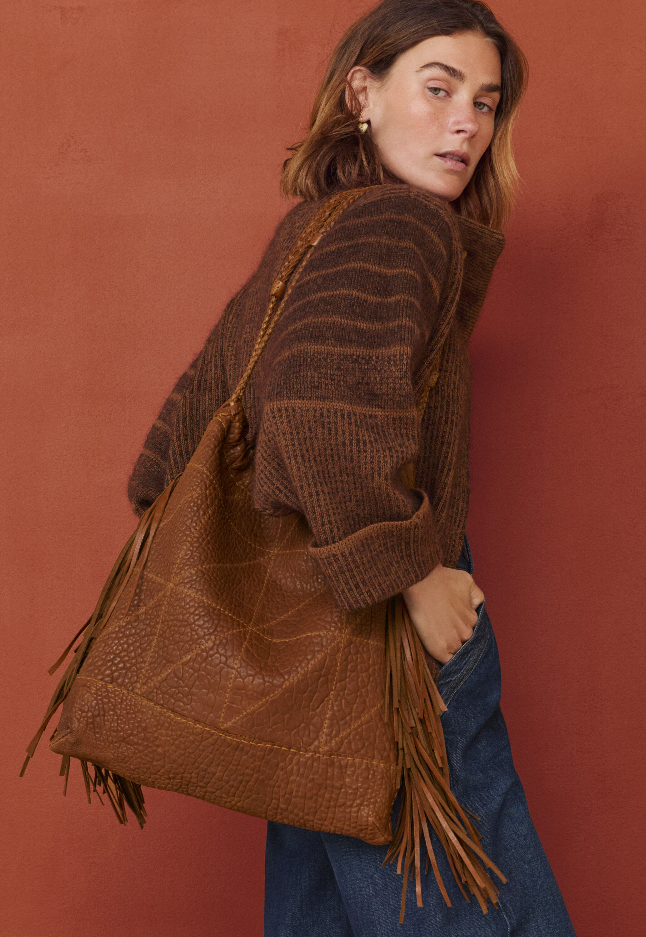 Large tassel bag, Cognac, large