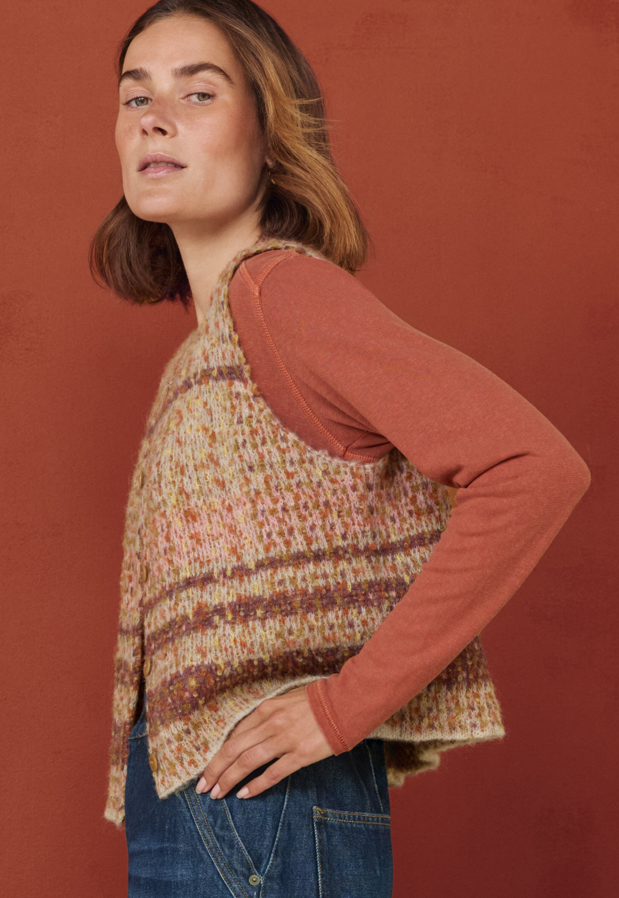 V-neck top, Terracotta red, large