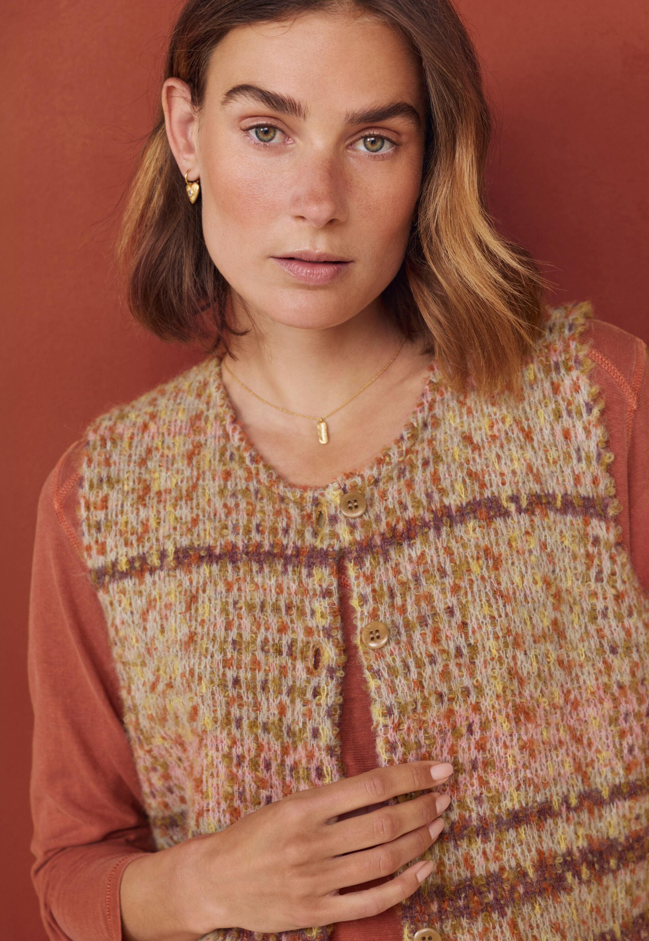 Check knitted gilet, Warm sunset, large