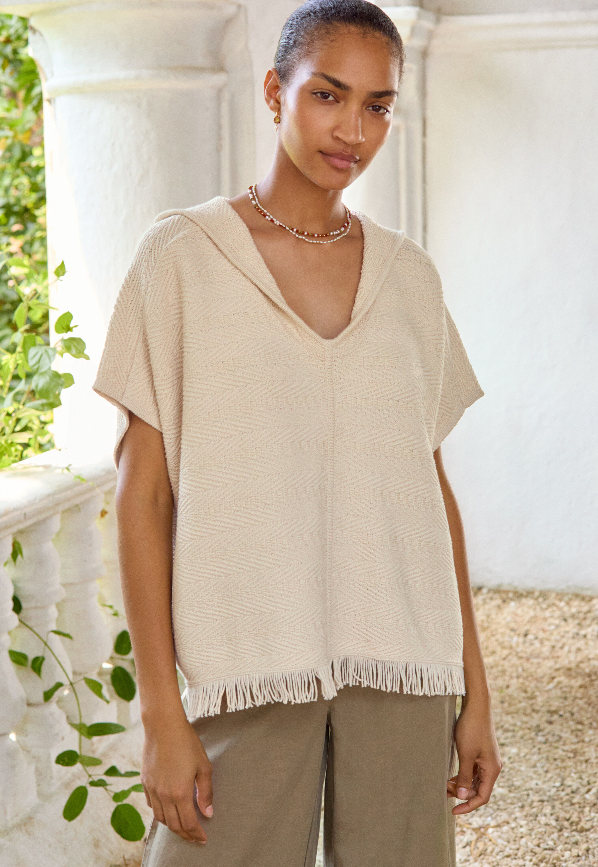 Herringbone-stitch hooded poncho