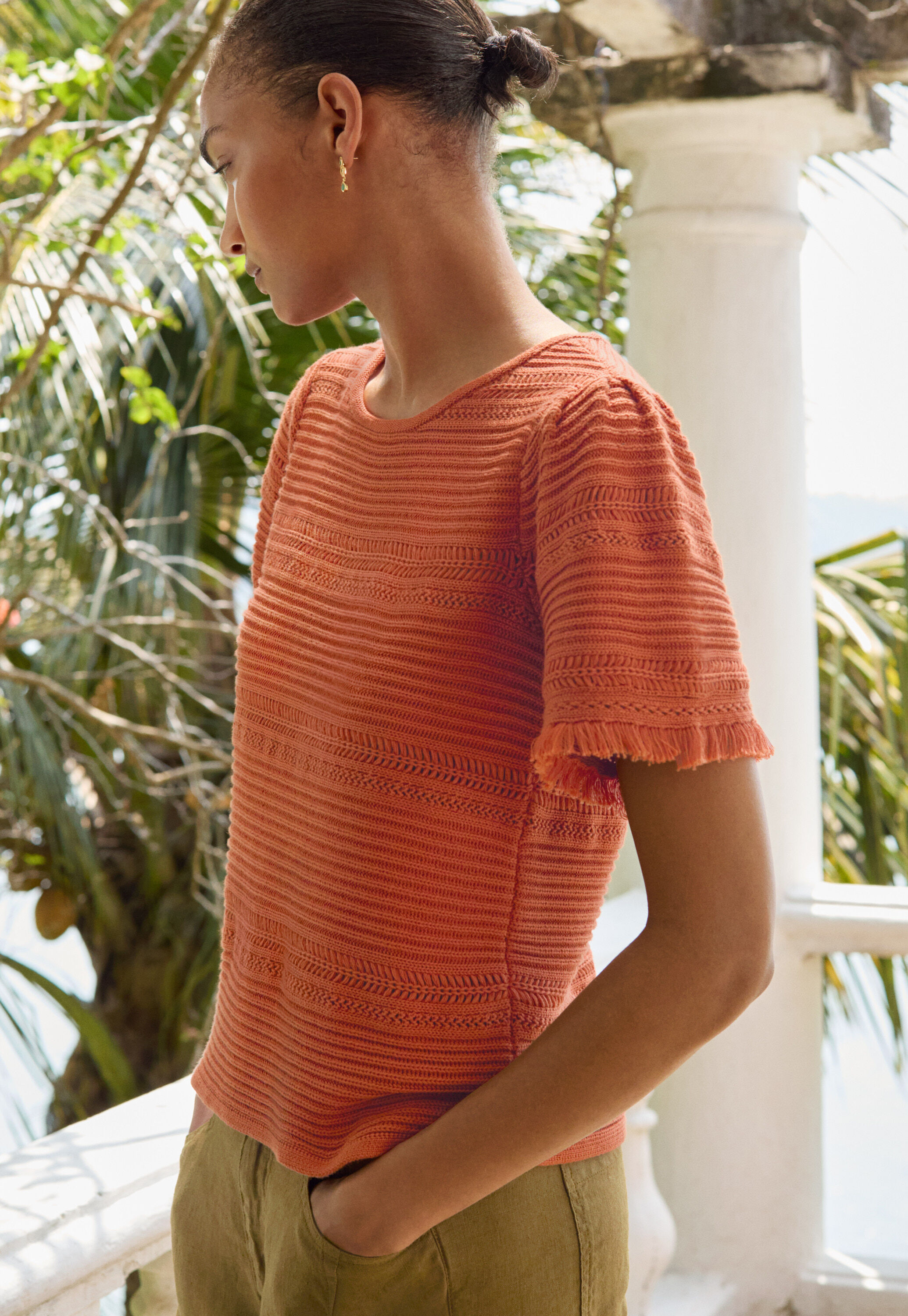 Rib-stitch fringed sweater, Burnt orange, large