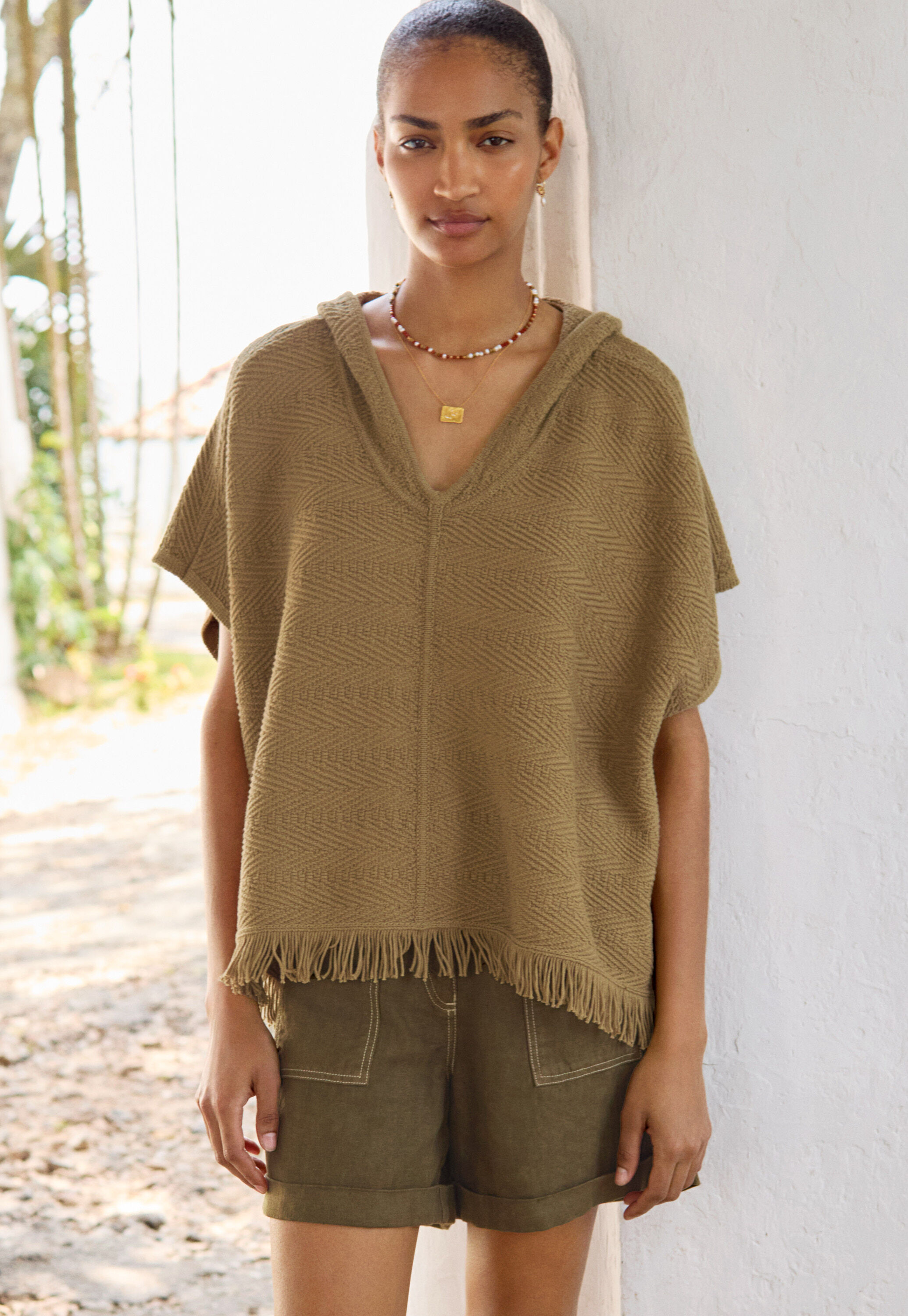 Herringbone-stitch hooded poncho