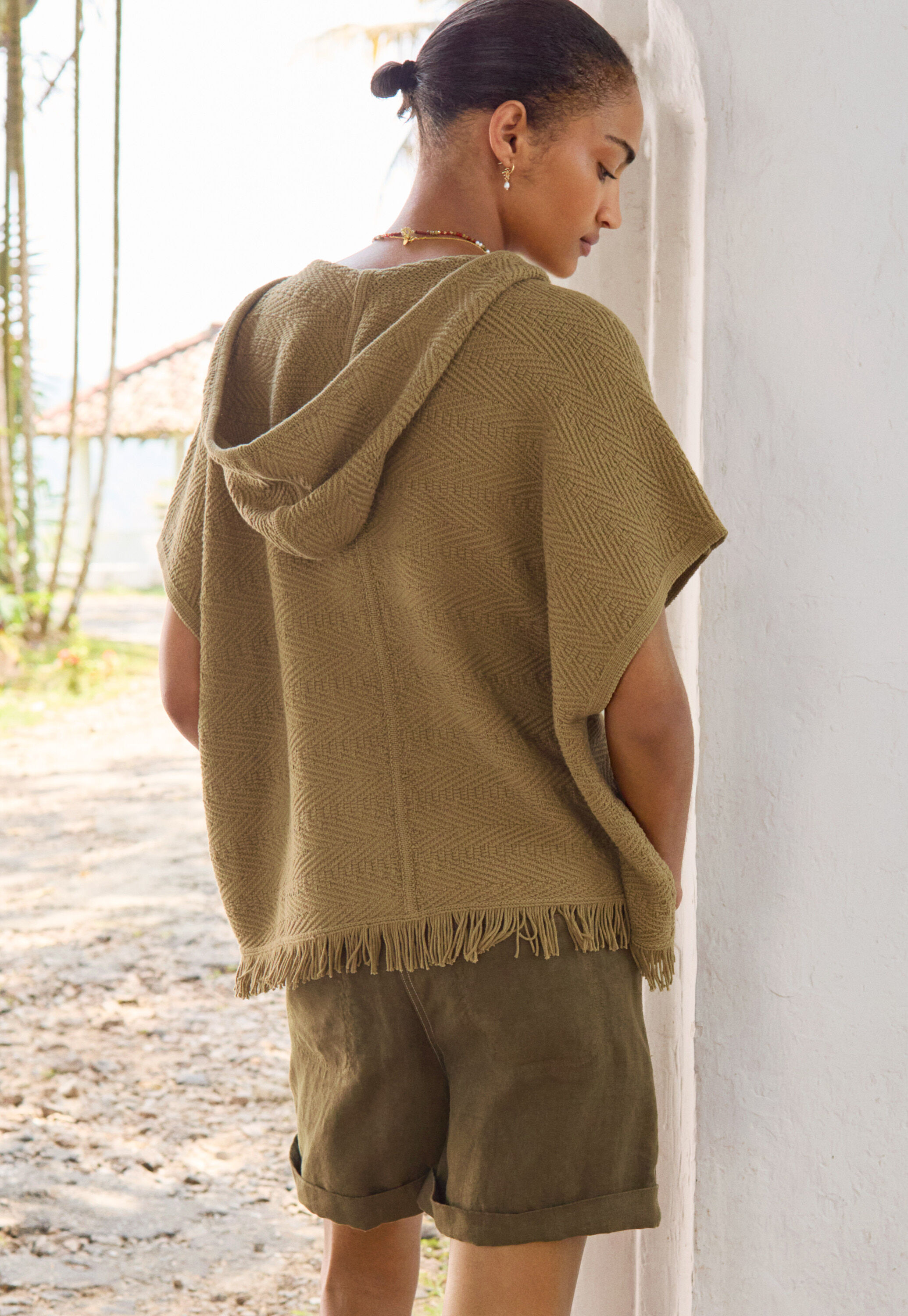 Herringbone-stitch hooded poncho, Khaki, large