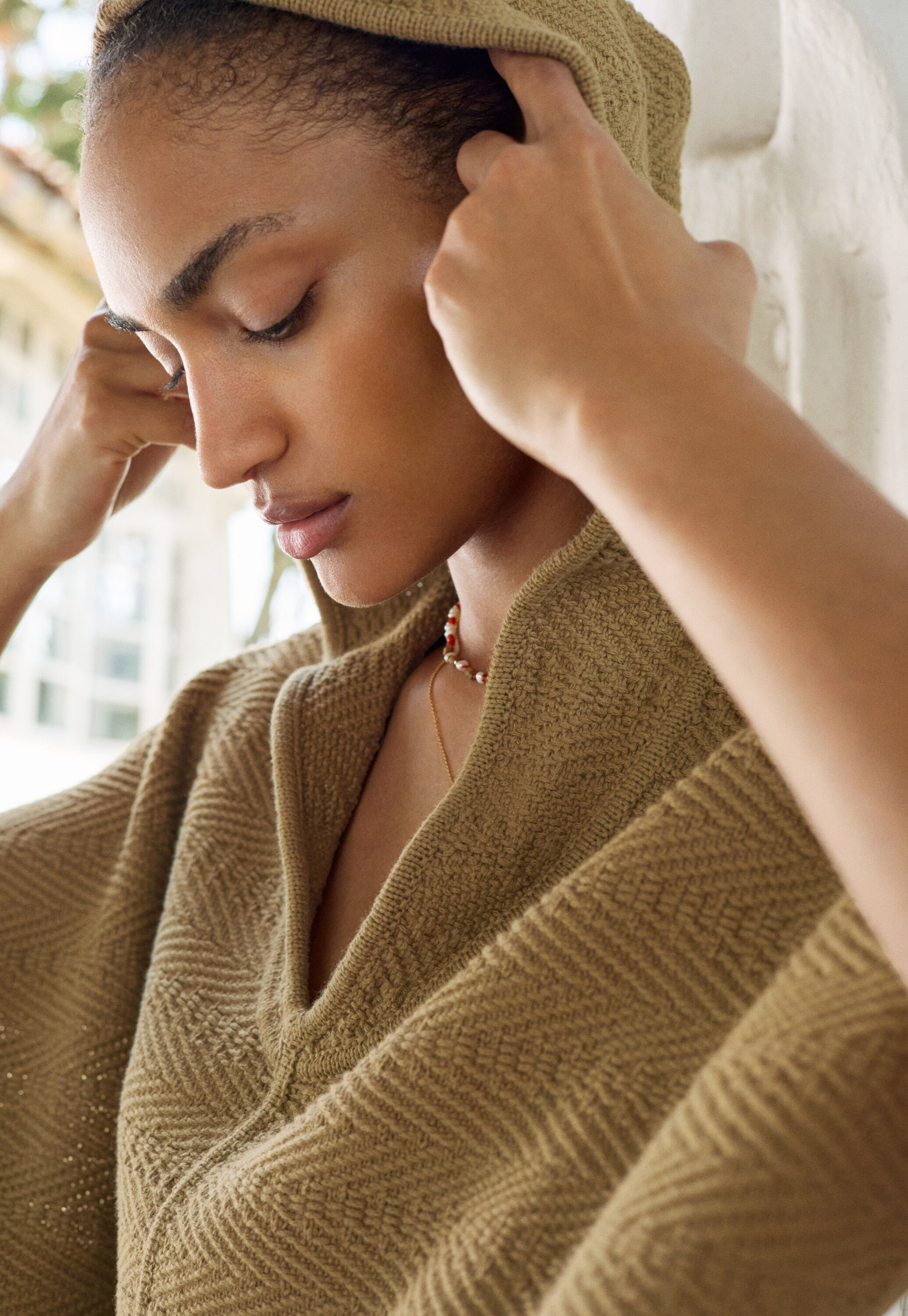 Herringbone-stitch hooded poncho, Khaki, large