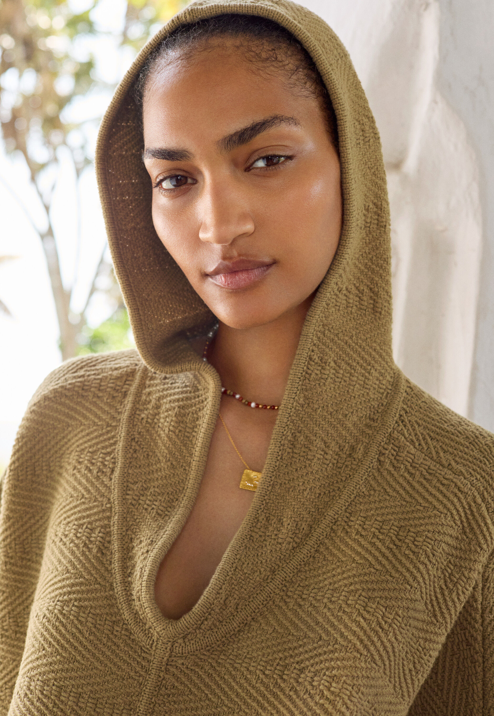 Herringbone-stitch hooded poncho, Khaki, large