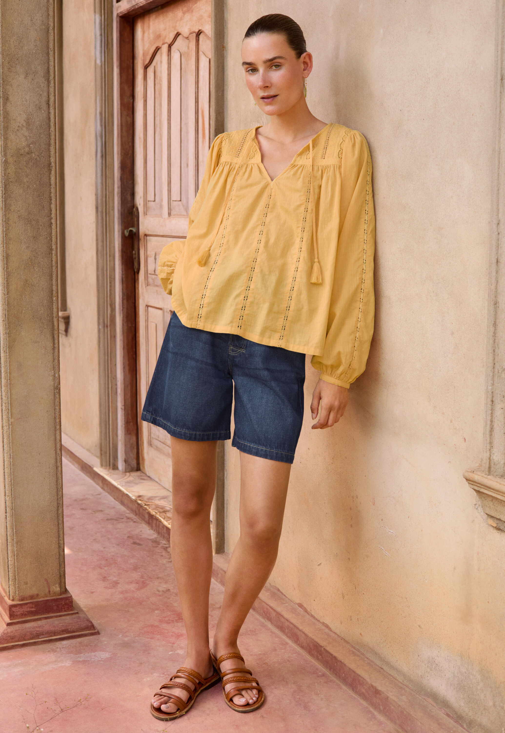 Lace-insert blouse, Pastel peach, large