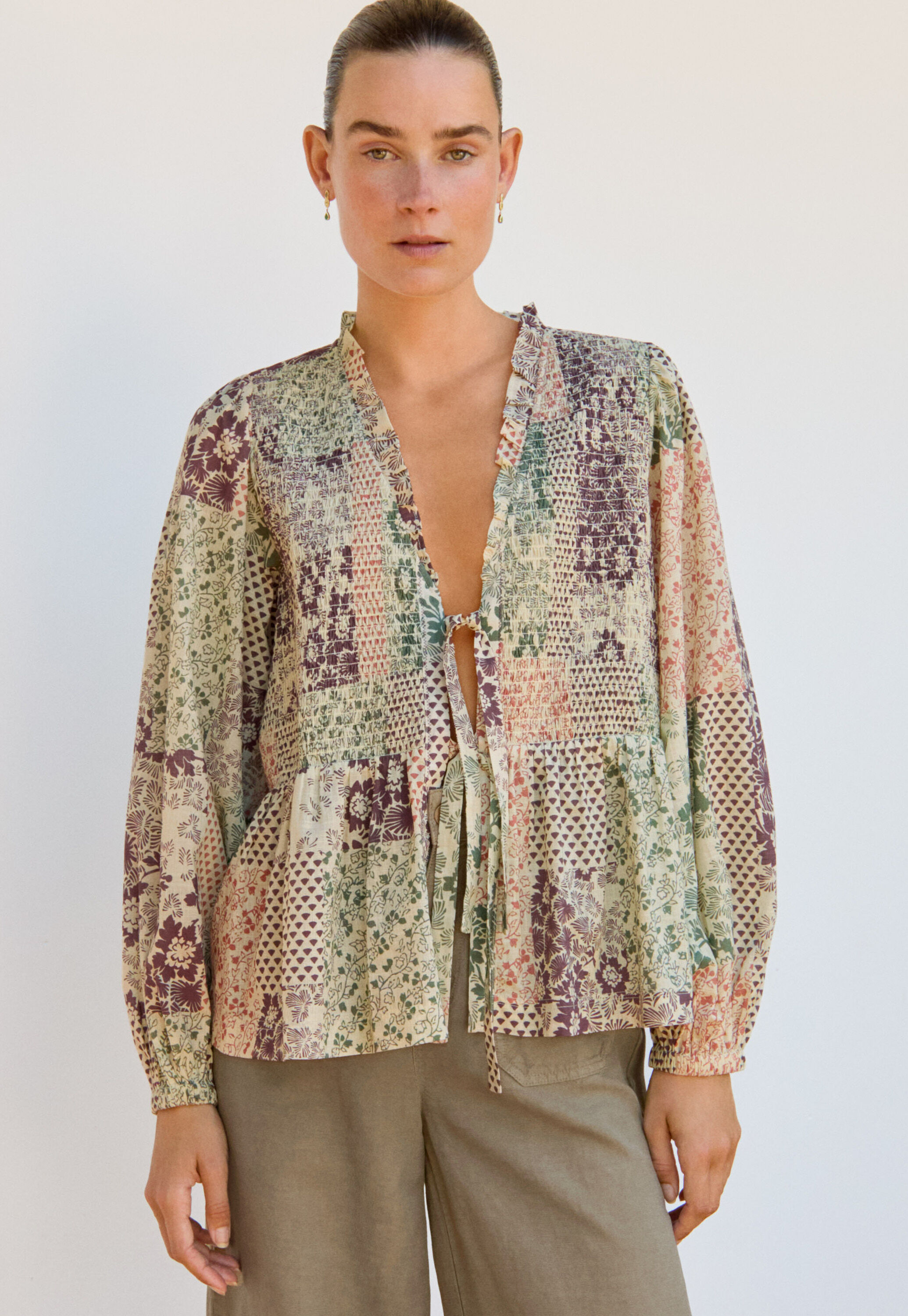 Tie-front printed blouse