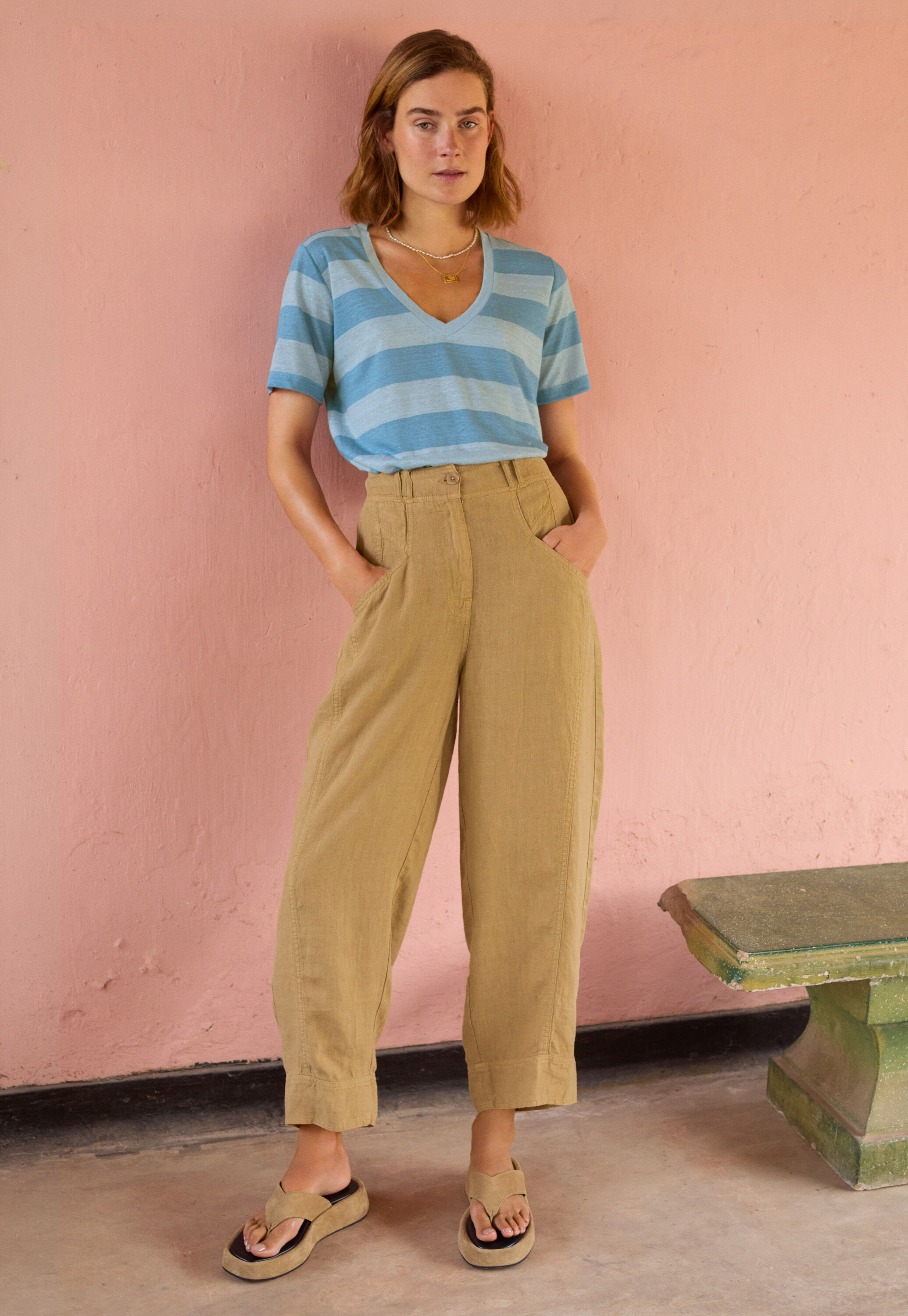 Striped v-neck T-shirt, Blue chambray, large