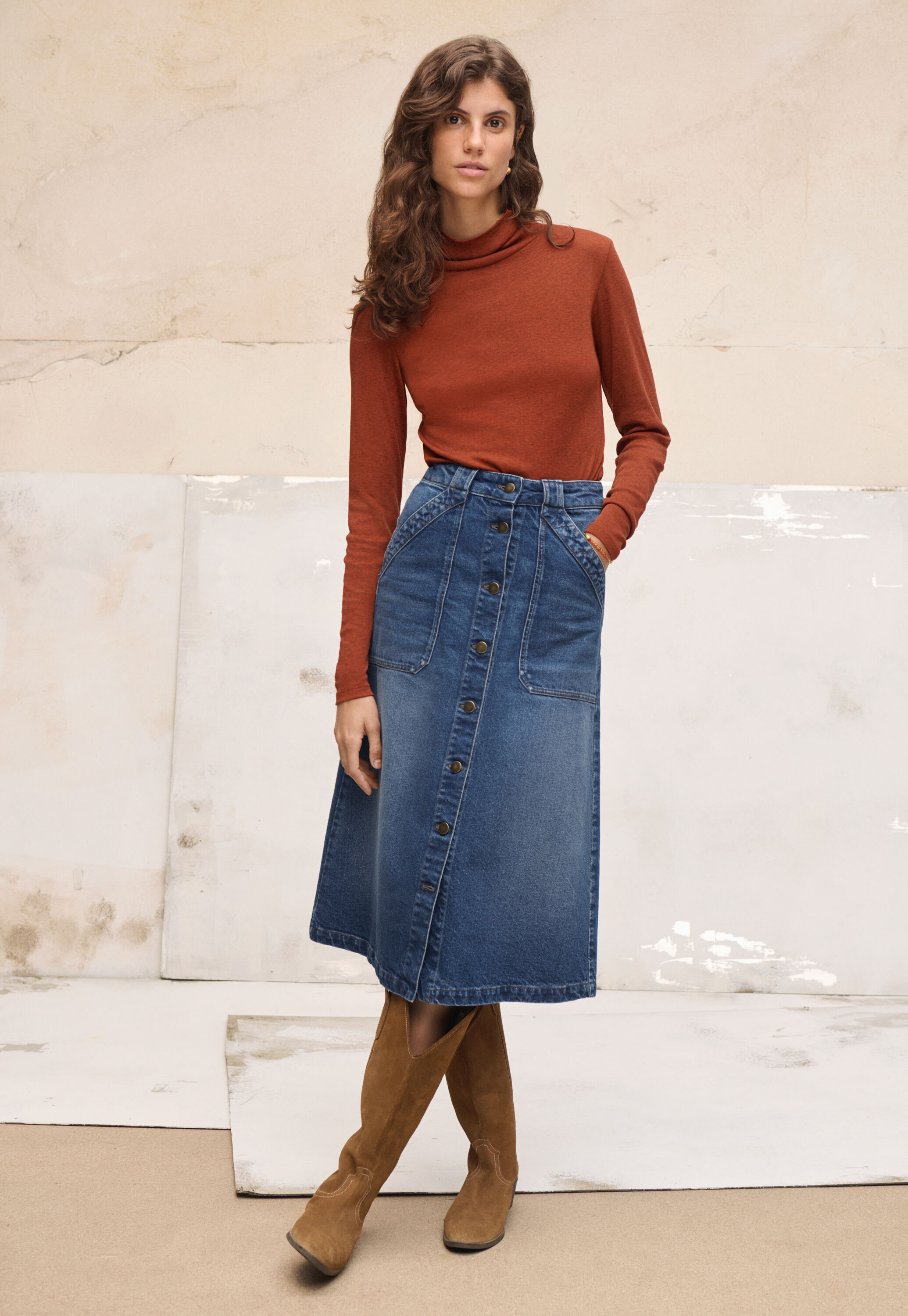 Denim button-front skirt