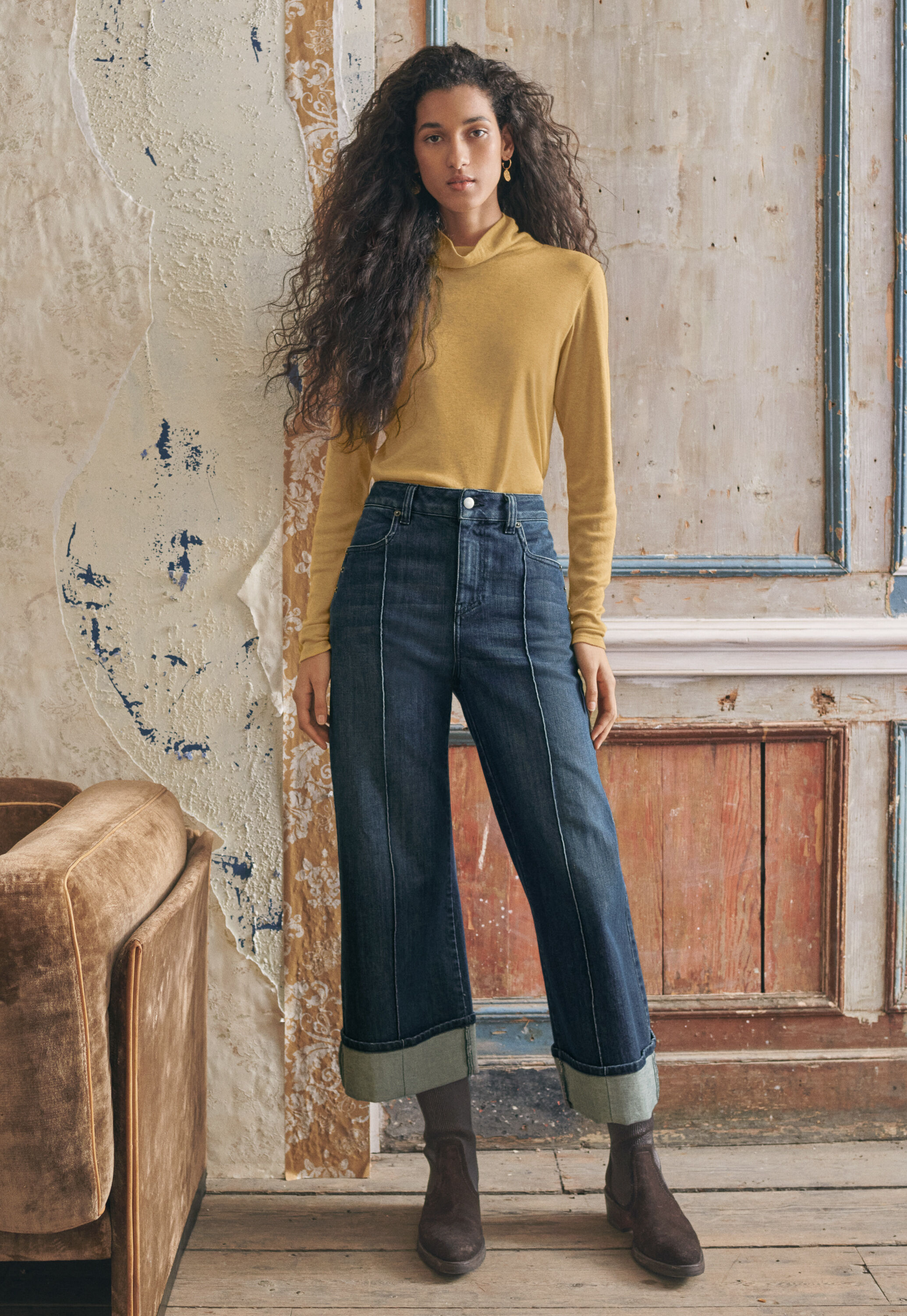 Straight turned-up-hem jeans