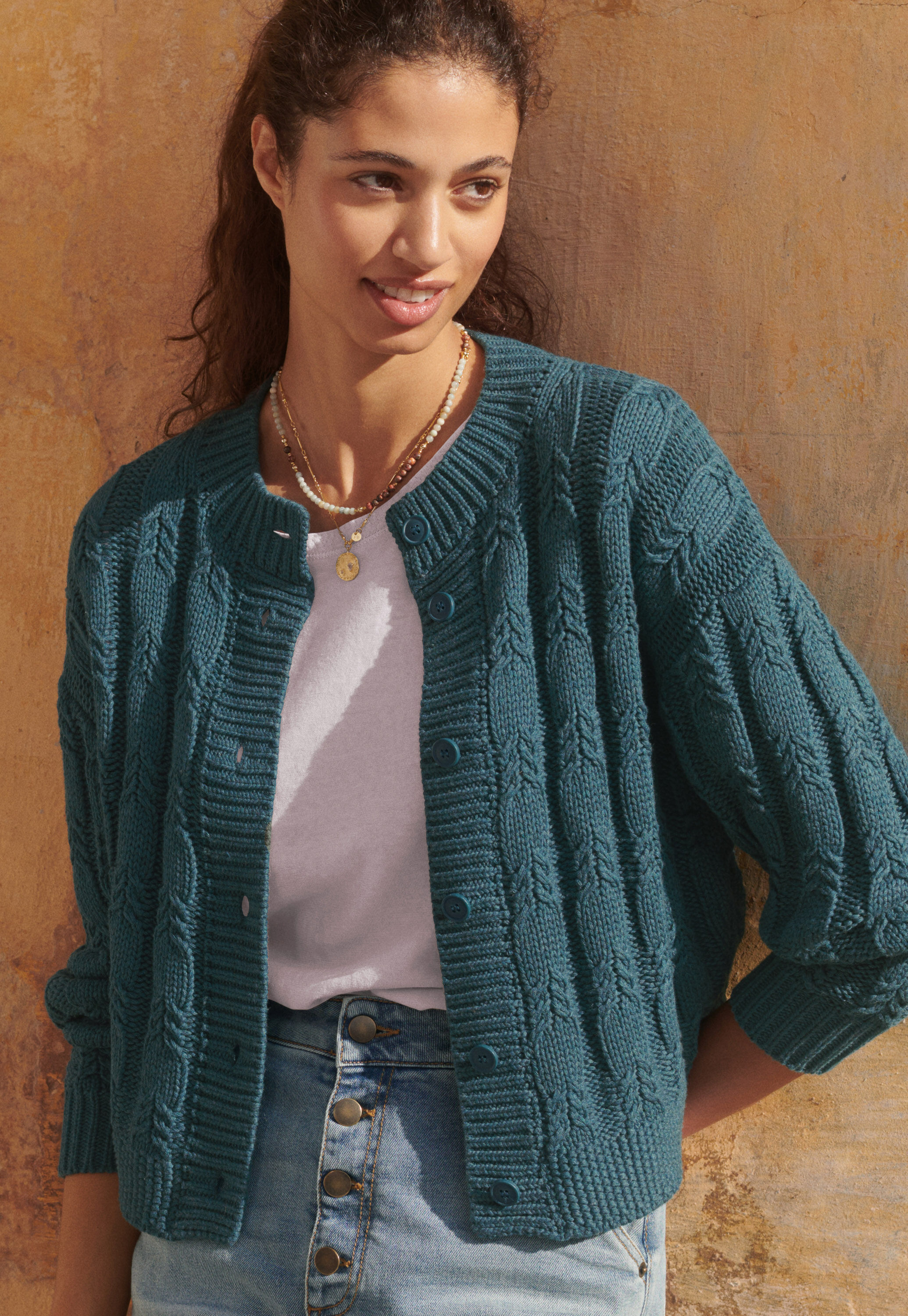 Cable-knit cardigan, Petrol, large