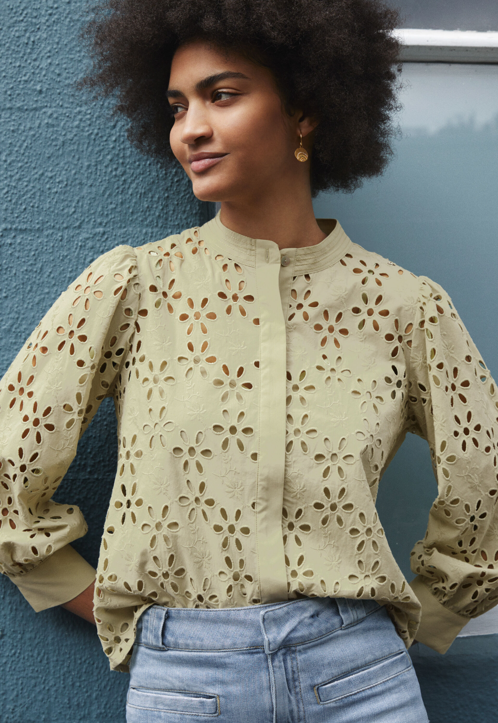 Cutwork blouse, Soft olive, large