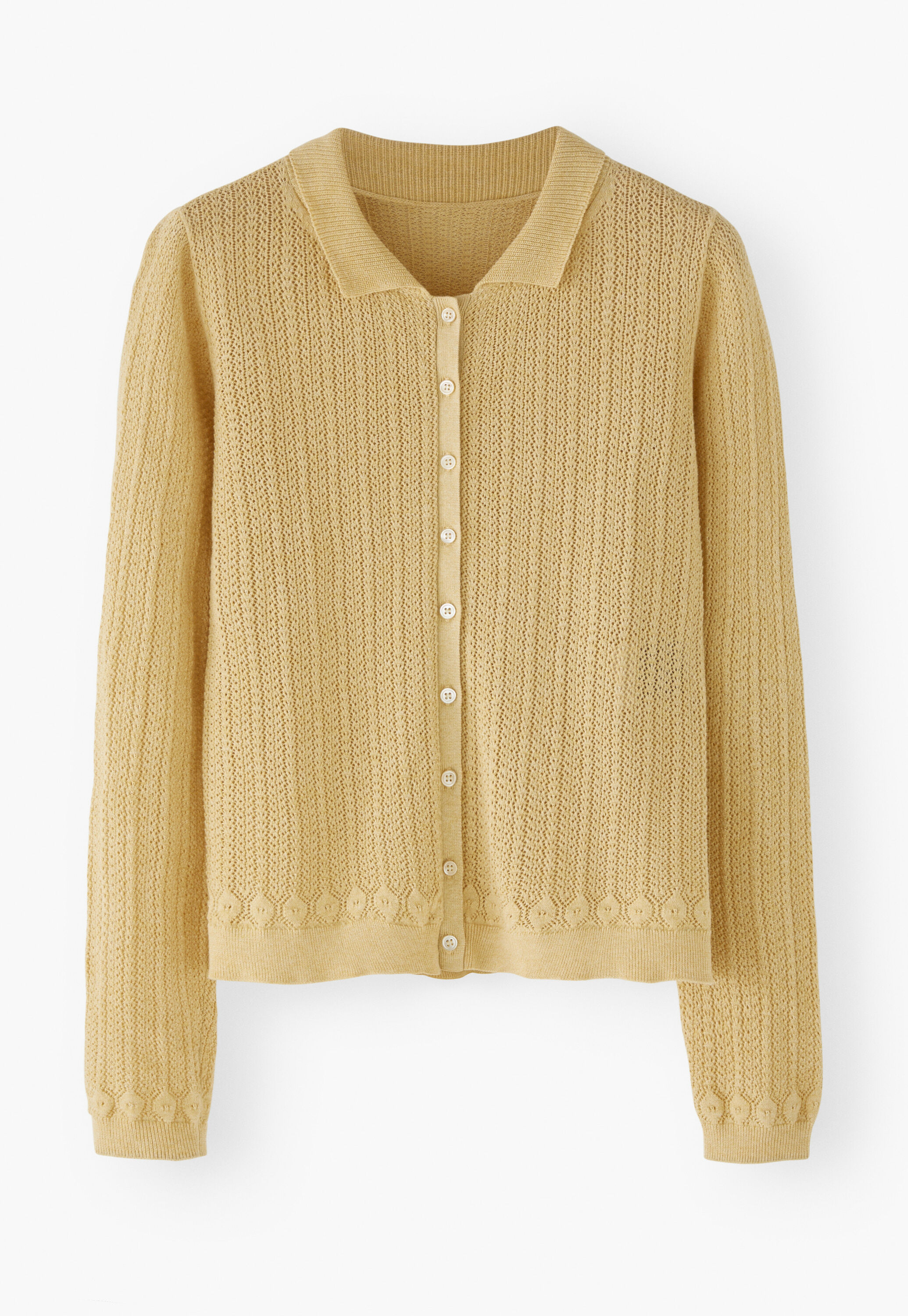 Lace-stitch collared cardigan, Butter yellow, large