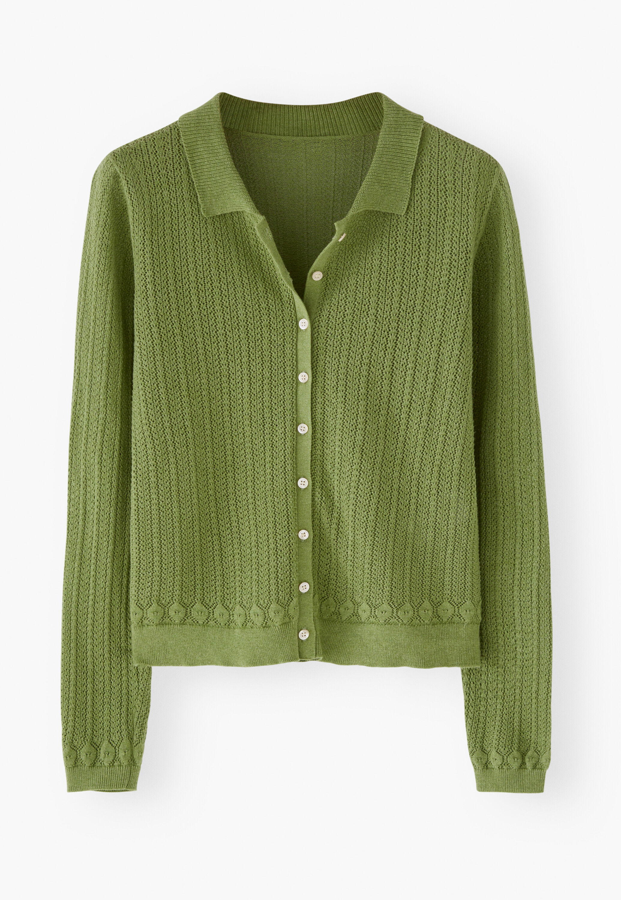 Lace-stitch collared cardigan, Leaf green, large