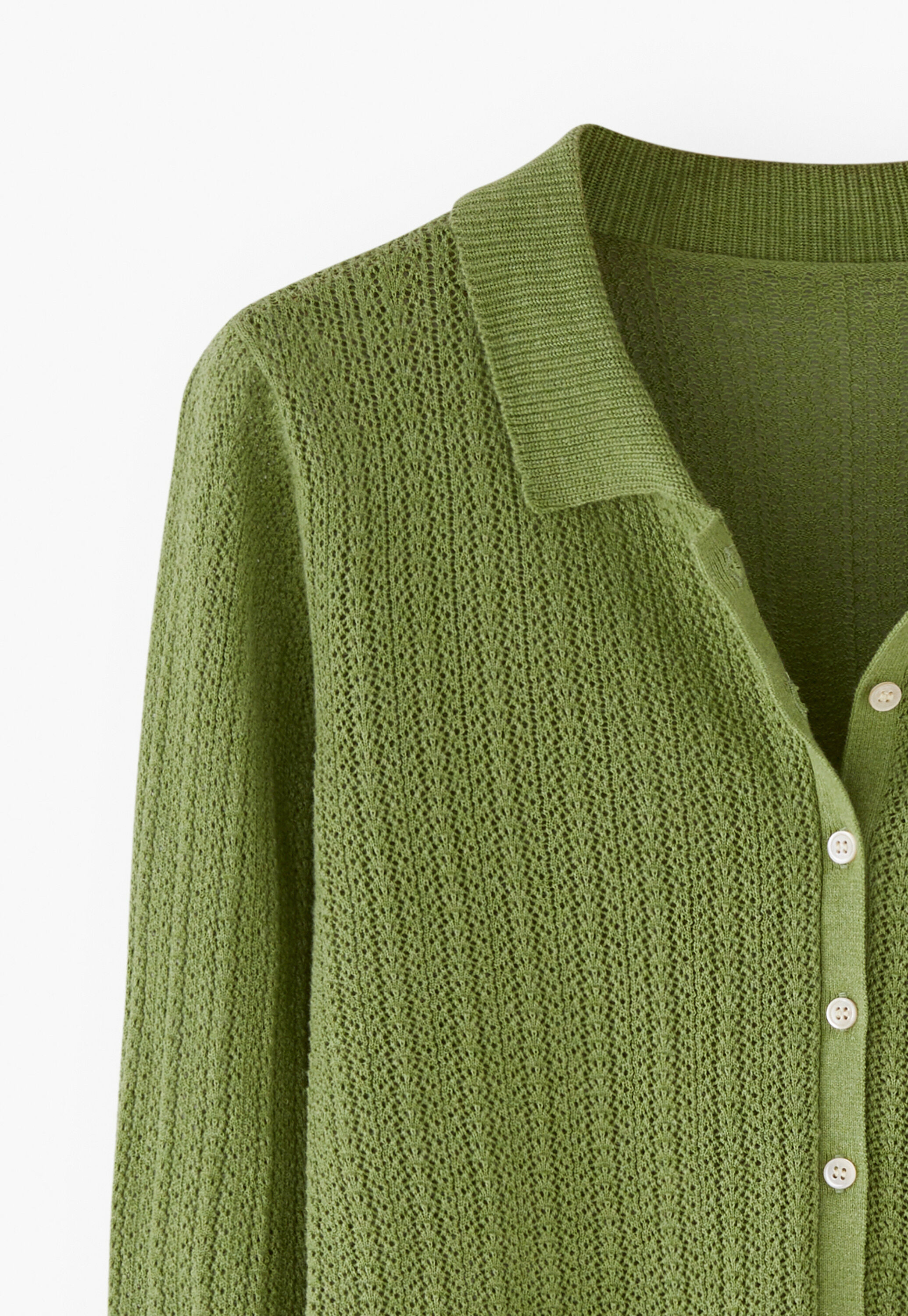 Lace-stitch collared cardigan, Leaf green, large