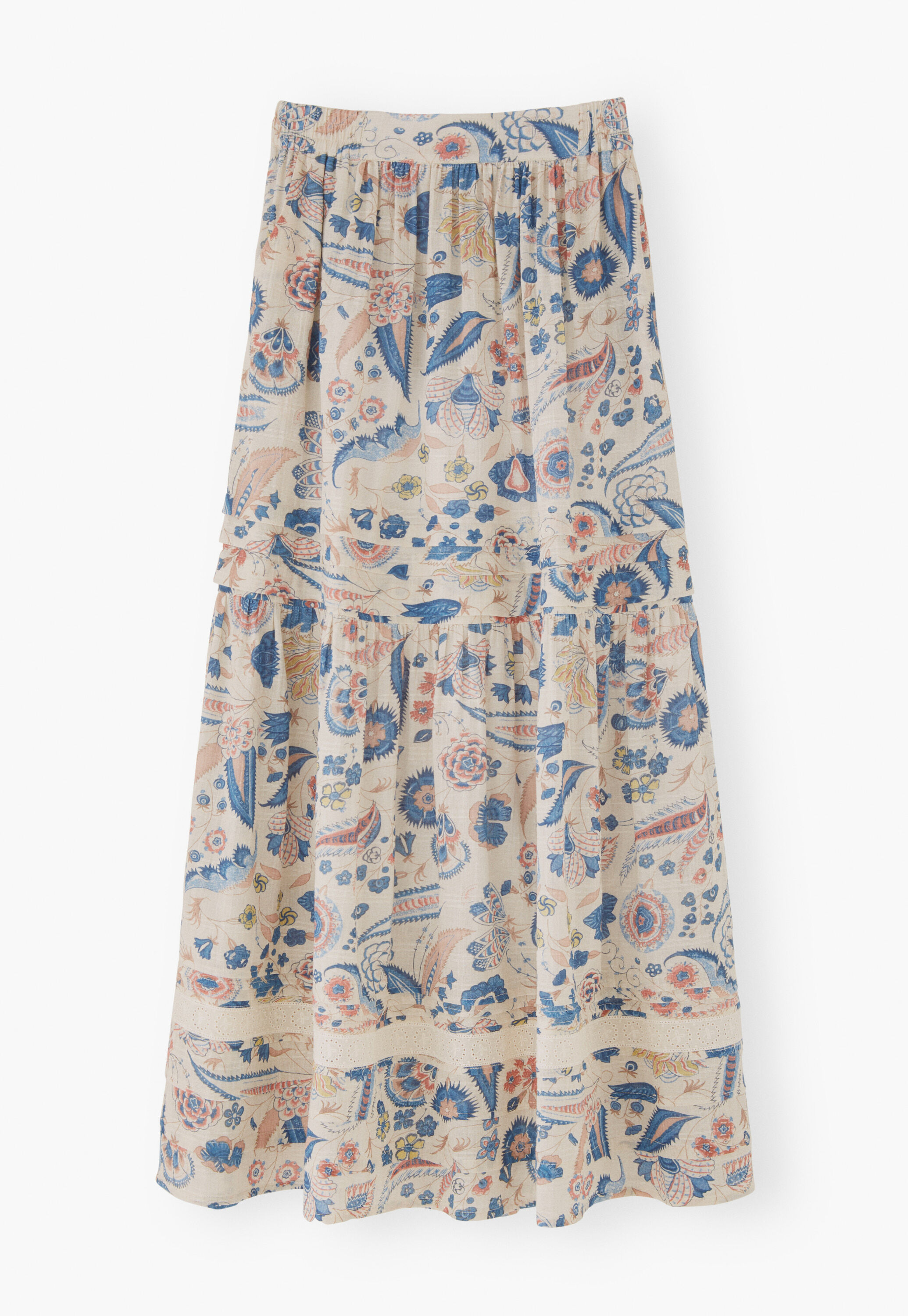 Tiered printed skirt, Ecru denim, large