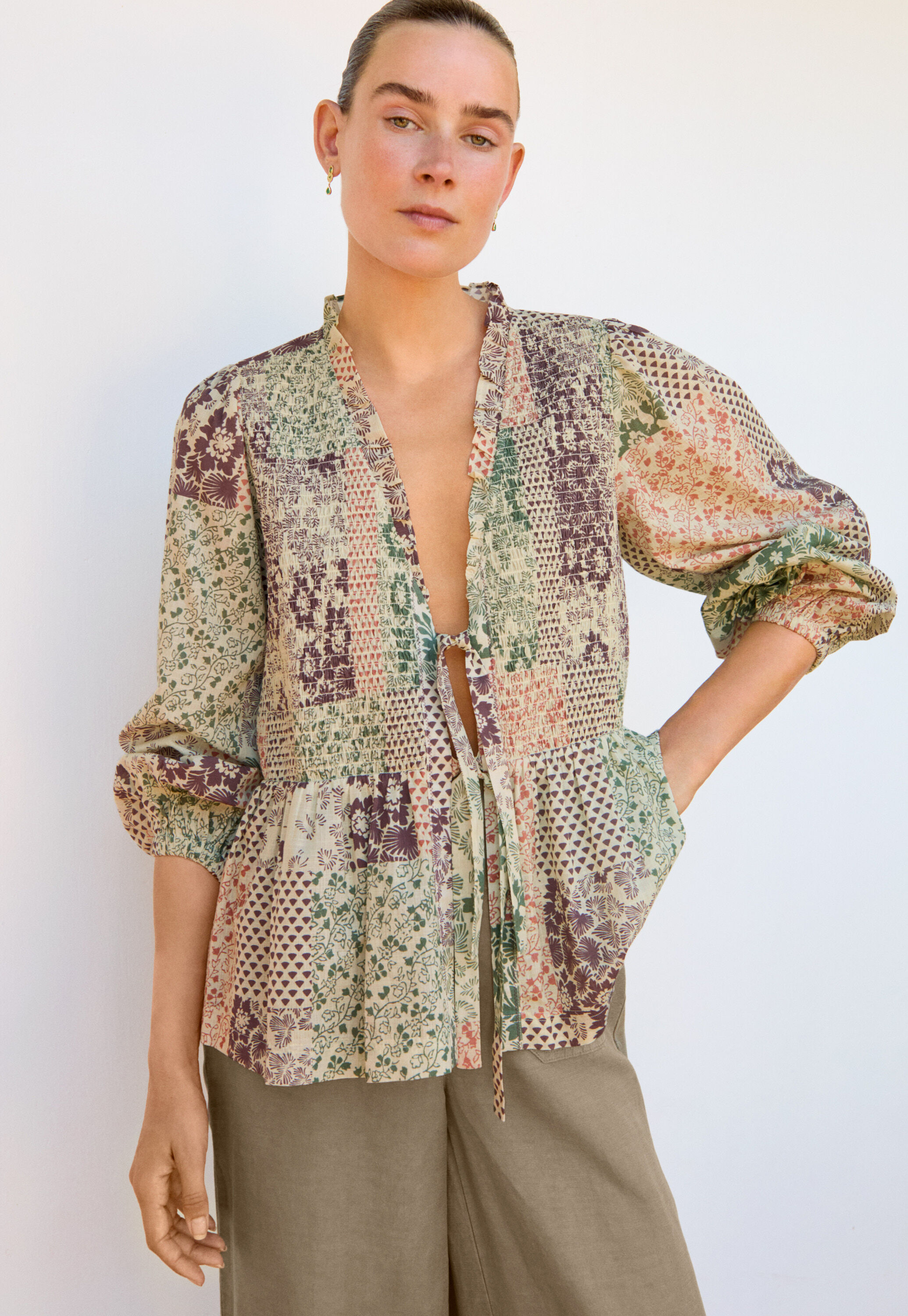 Tie-front printed blouse