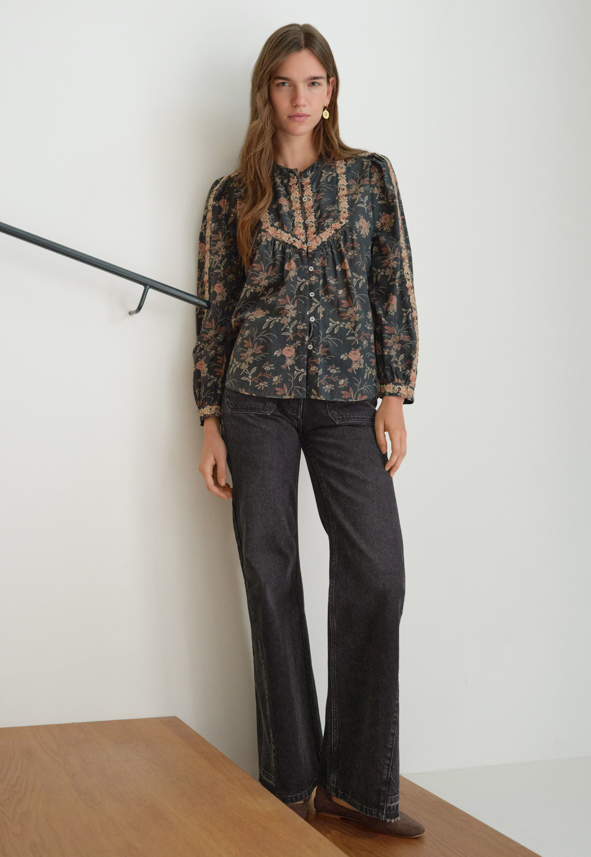 Embroidered printed blouse