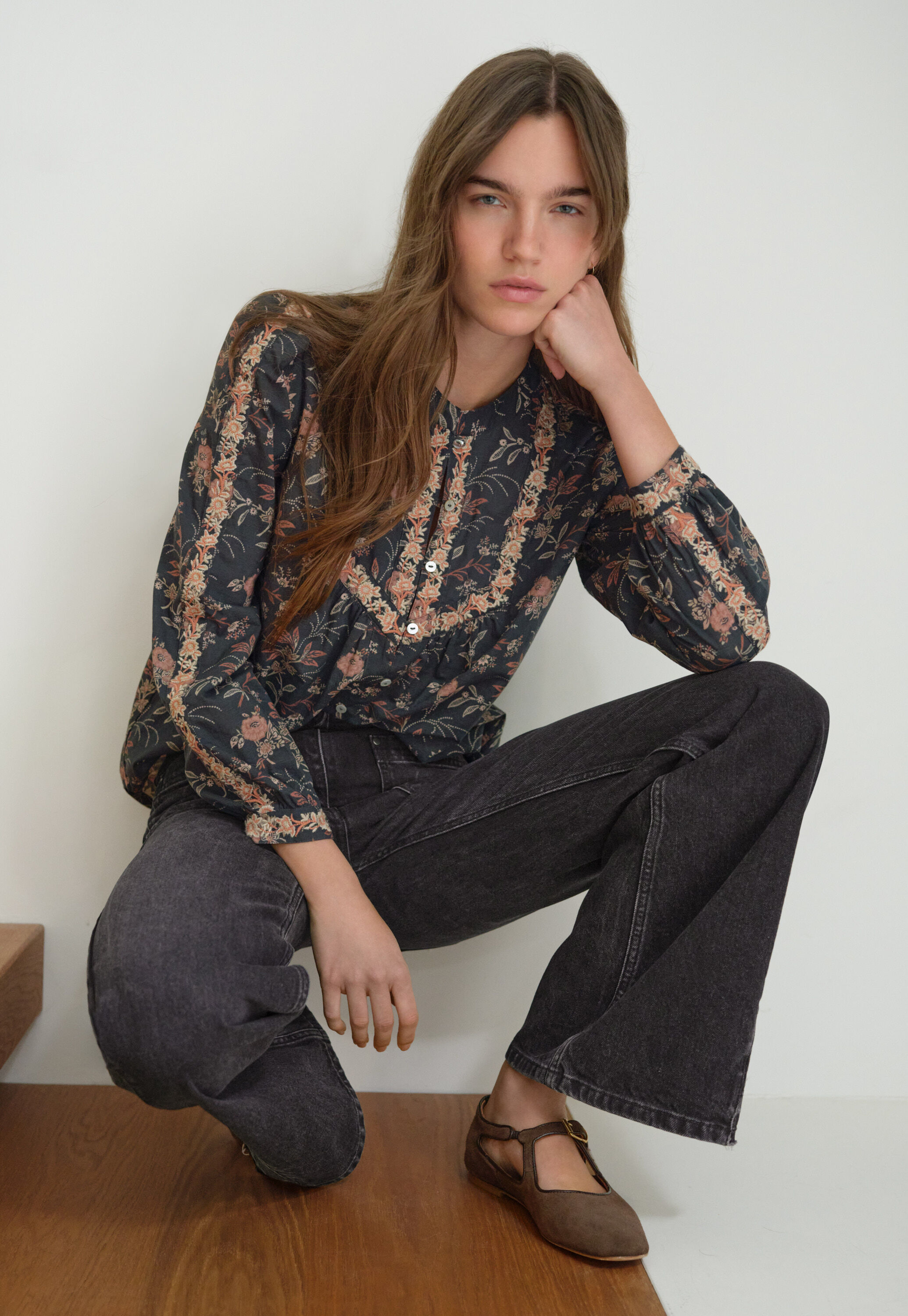 Embroidered printed blouse