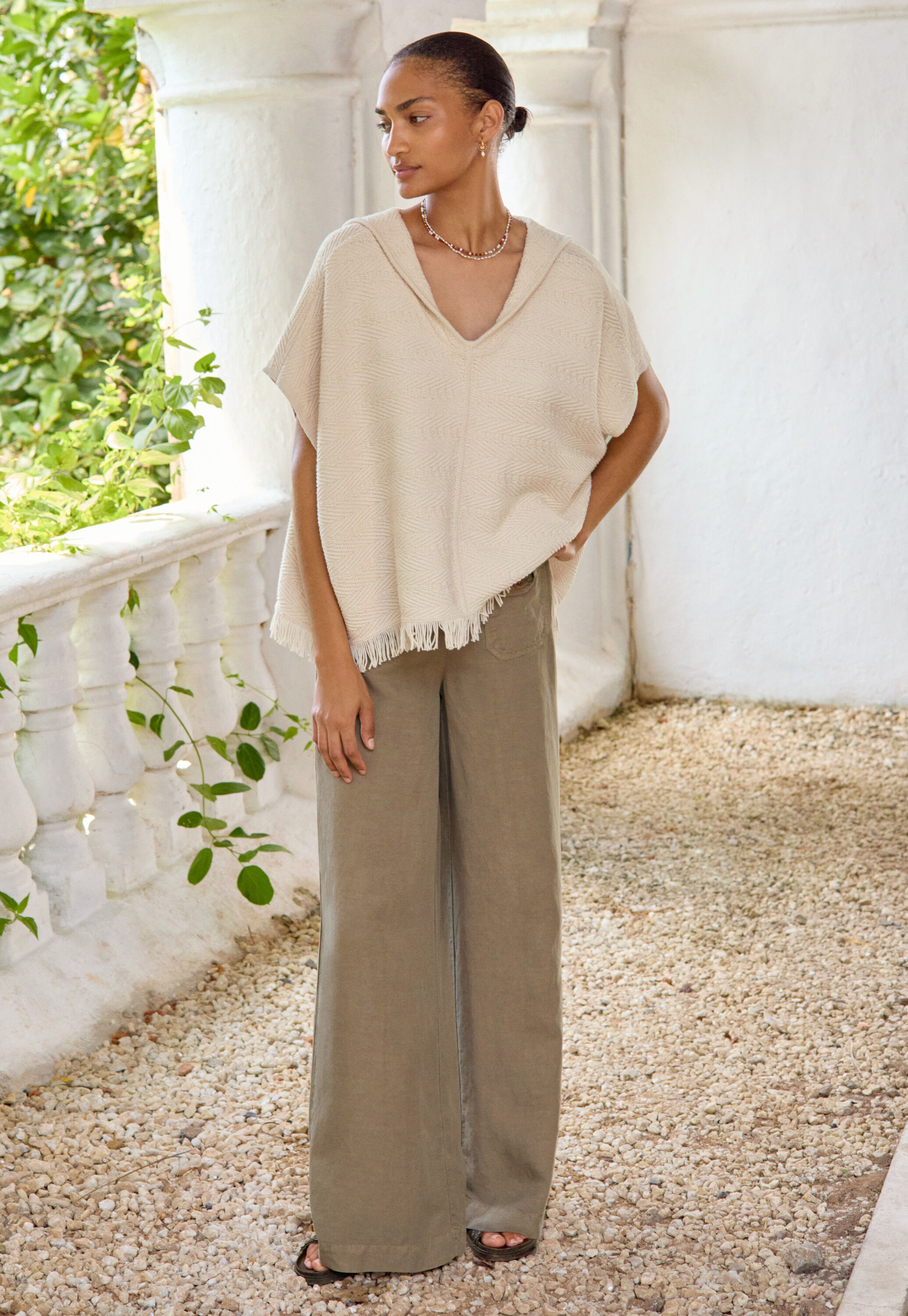 Herringbone-stitch hooded poncho