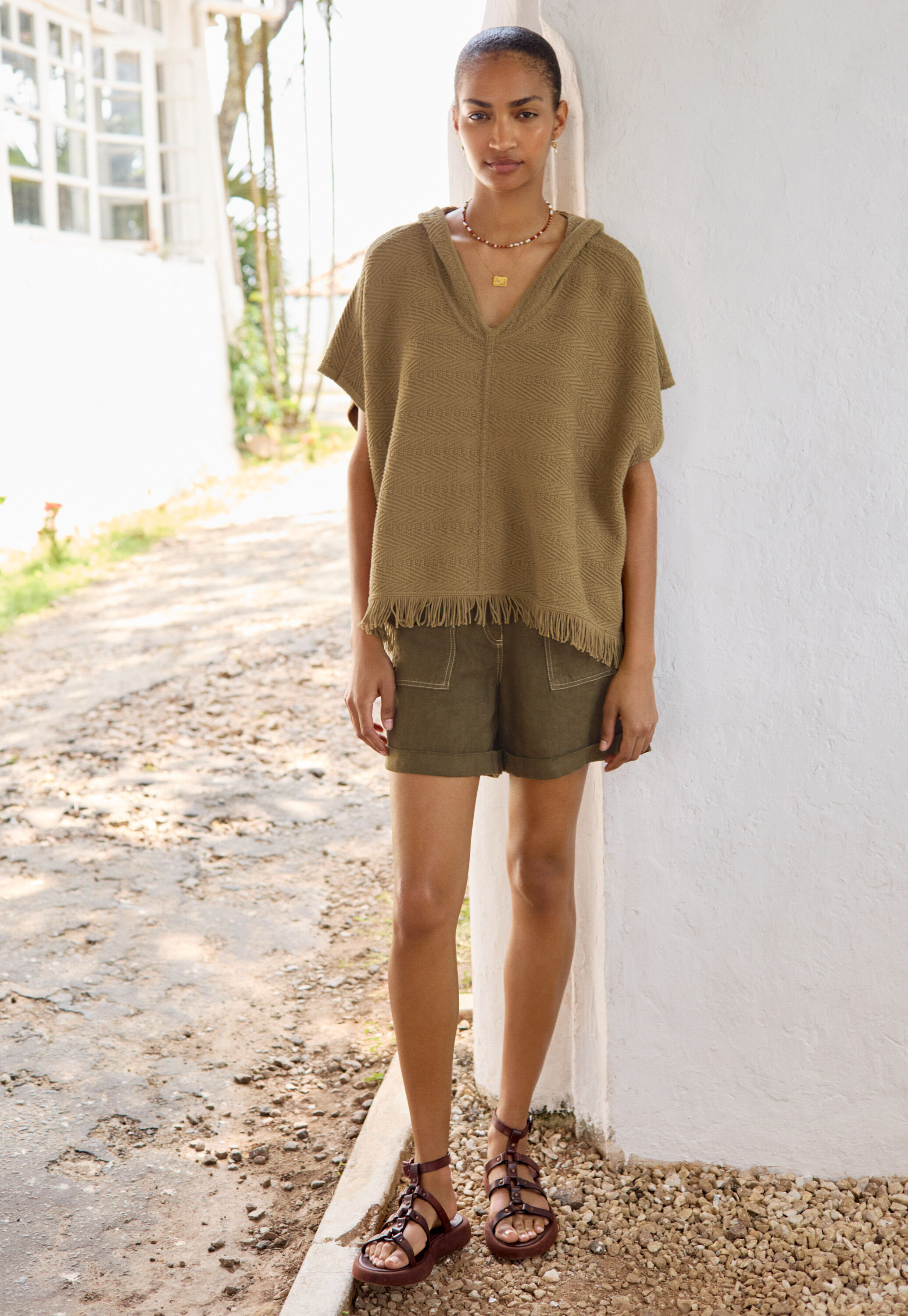 Herringbone-stitch hooded poncho