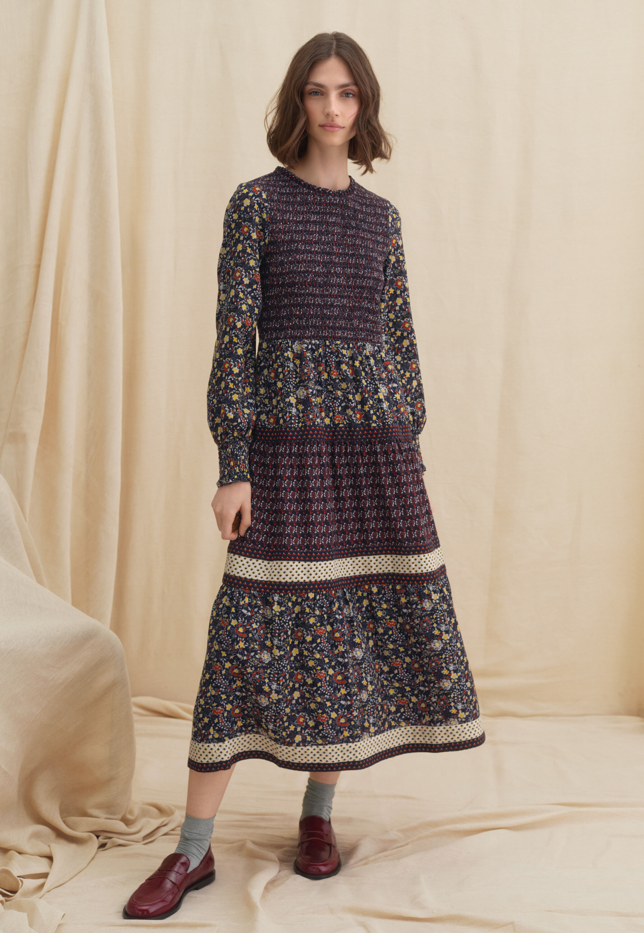 Shirring printed dress