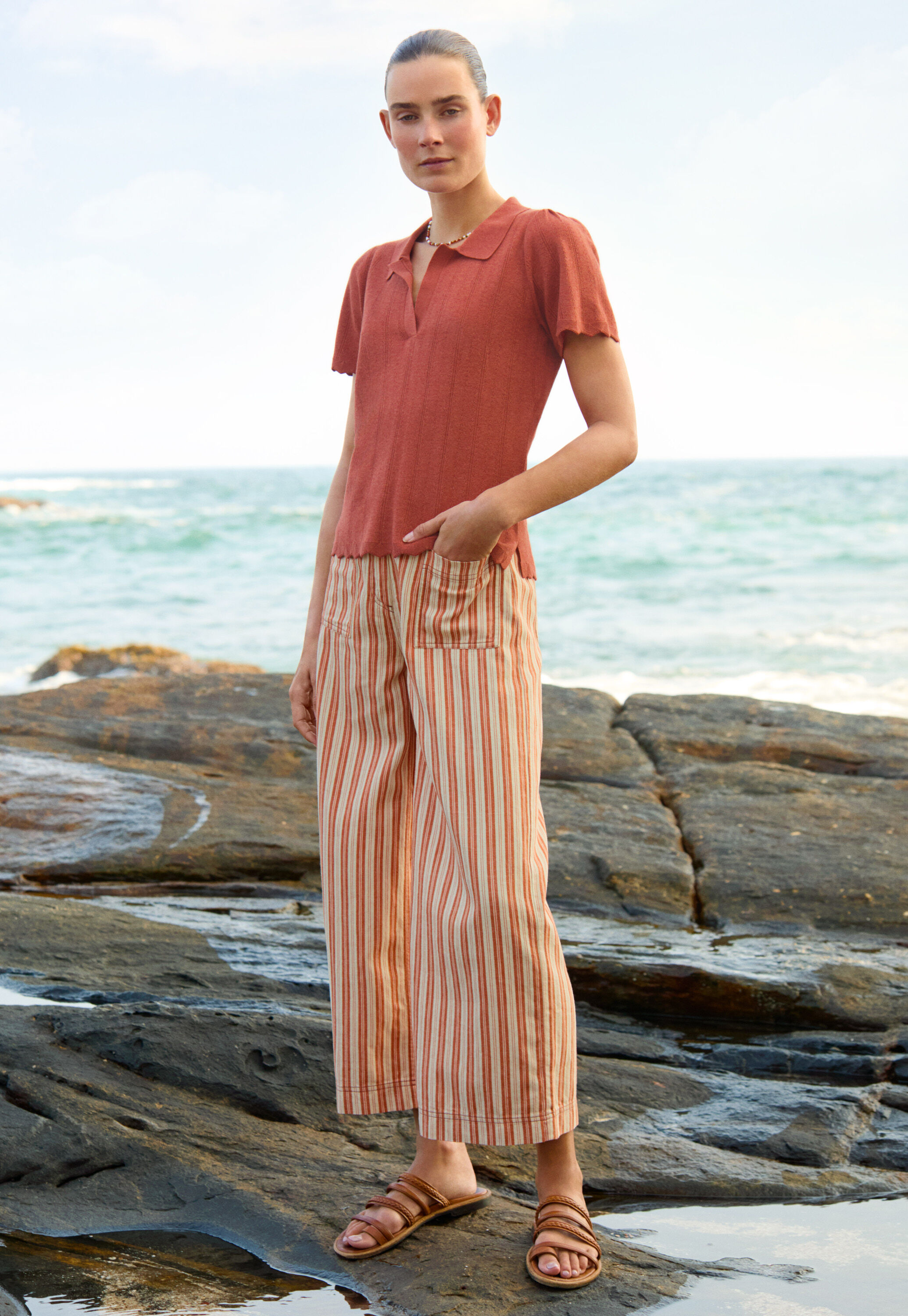 Pointelle-stitch collared sweater