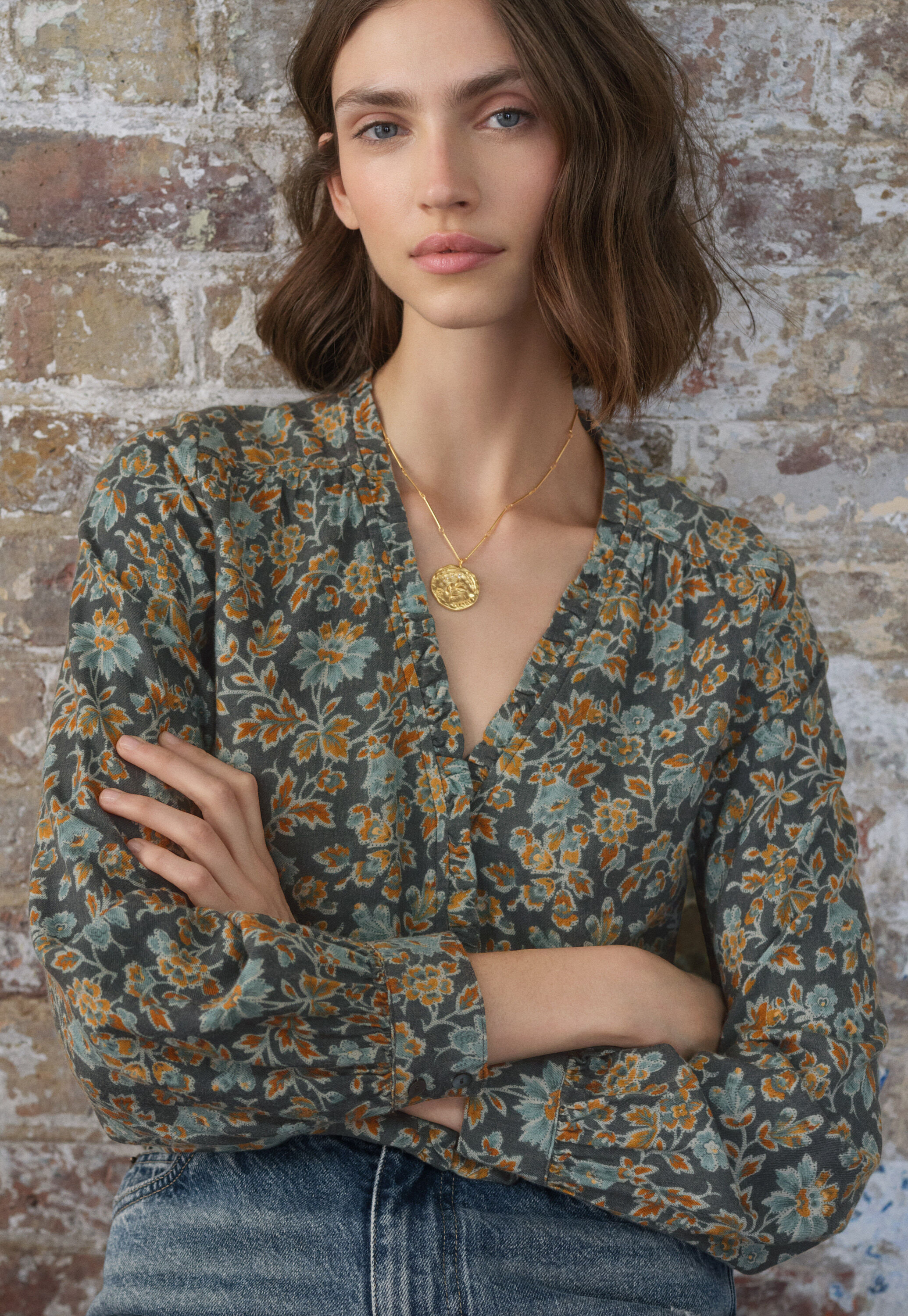 Printed frill blouse