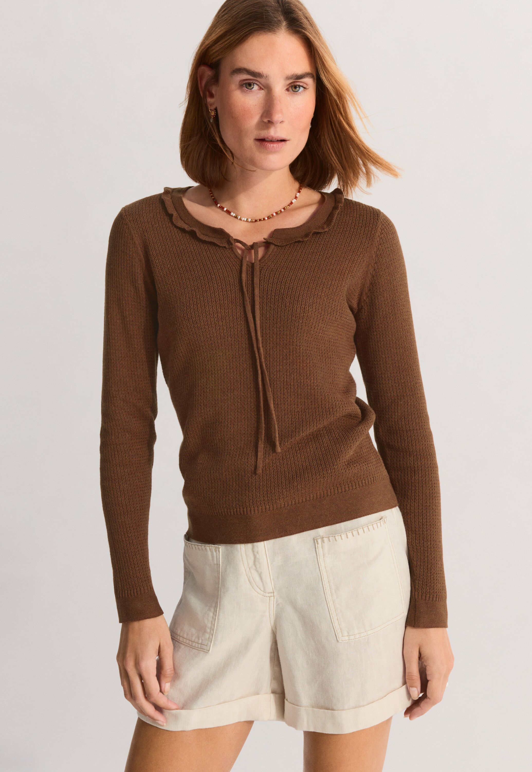 Tie-front tuck-stitch sweater