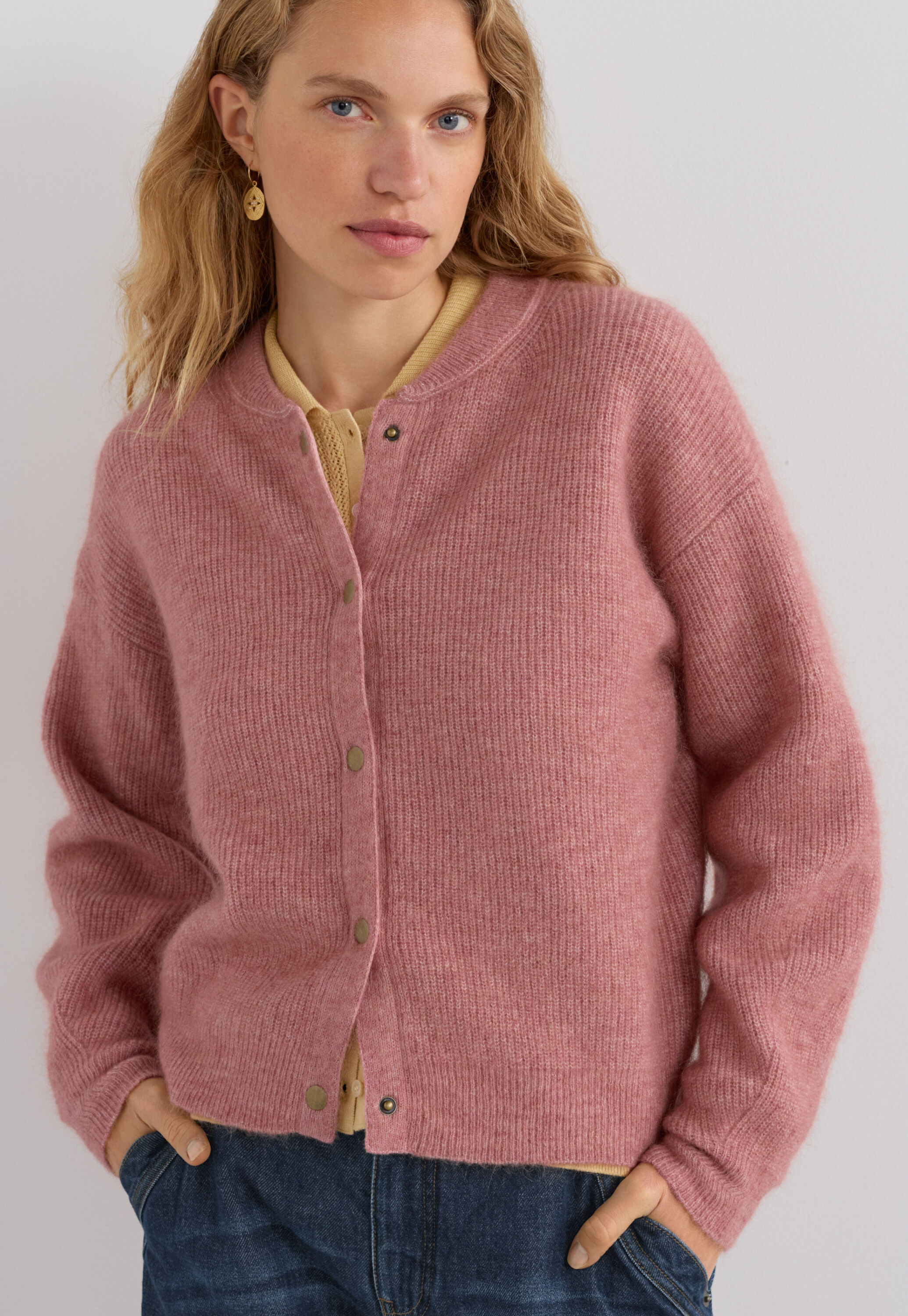 Rib-stitch bomber jacket, Pink peach, large