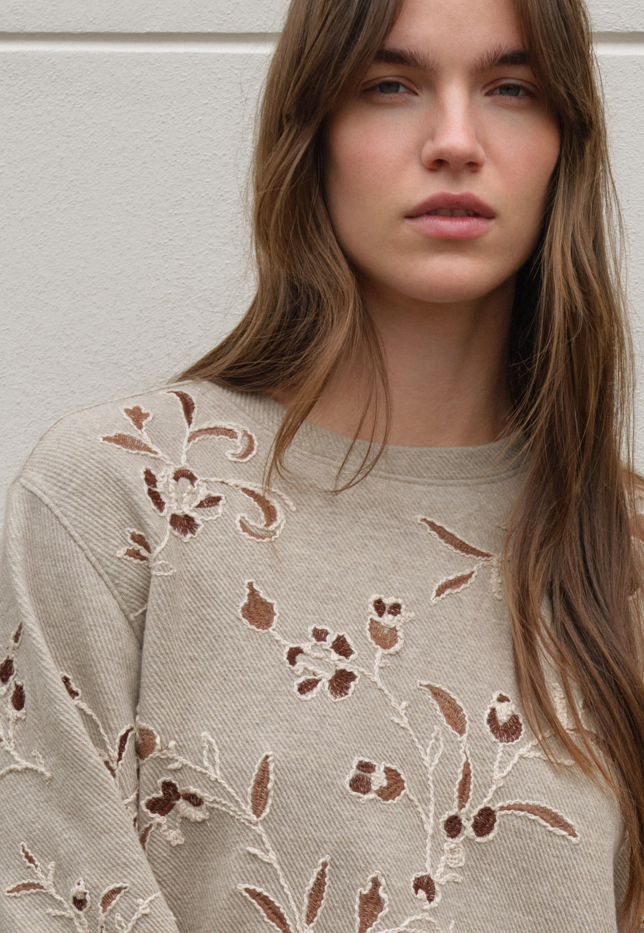 Embroidered jersey top, Light taupe, large