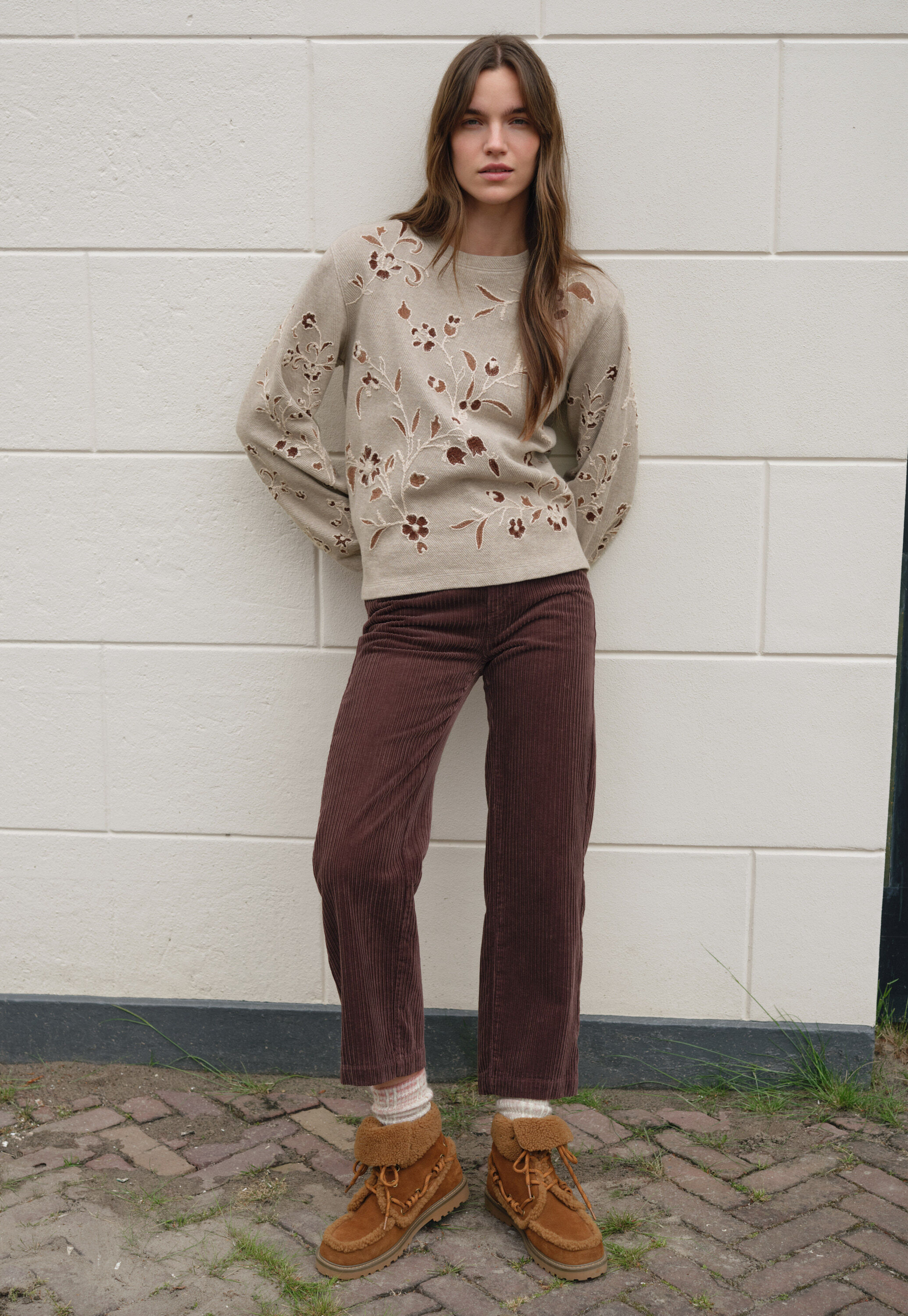 Embroidered jersey top, Light taupe, large