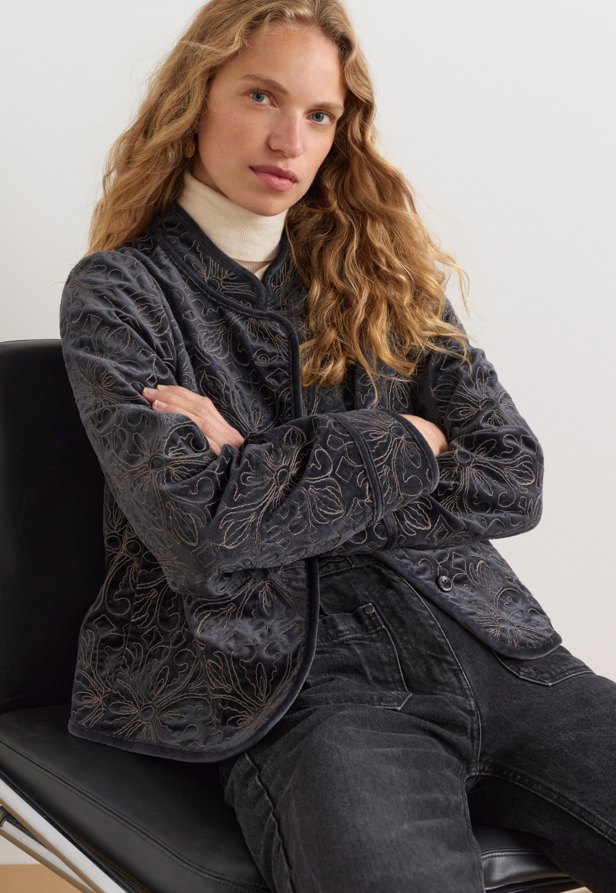 Embroidered velvet jacket, Charcoal, large