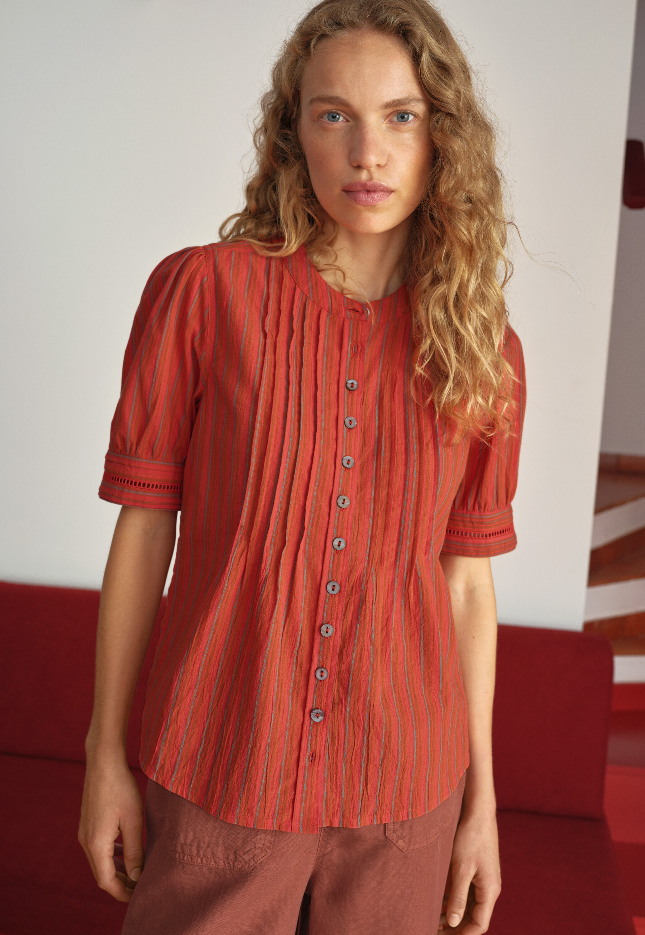 Striped short-sleeved blouse