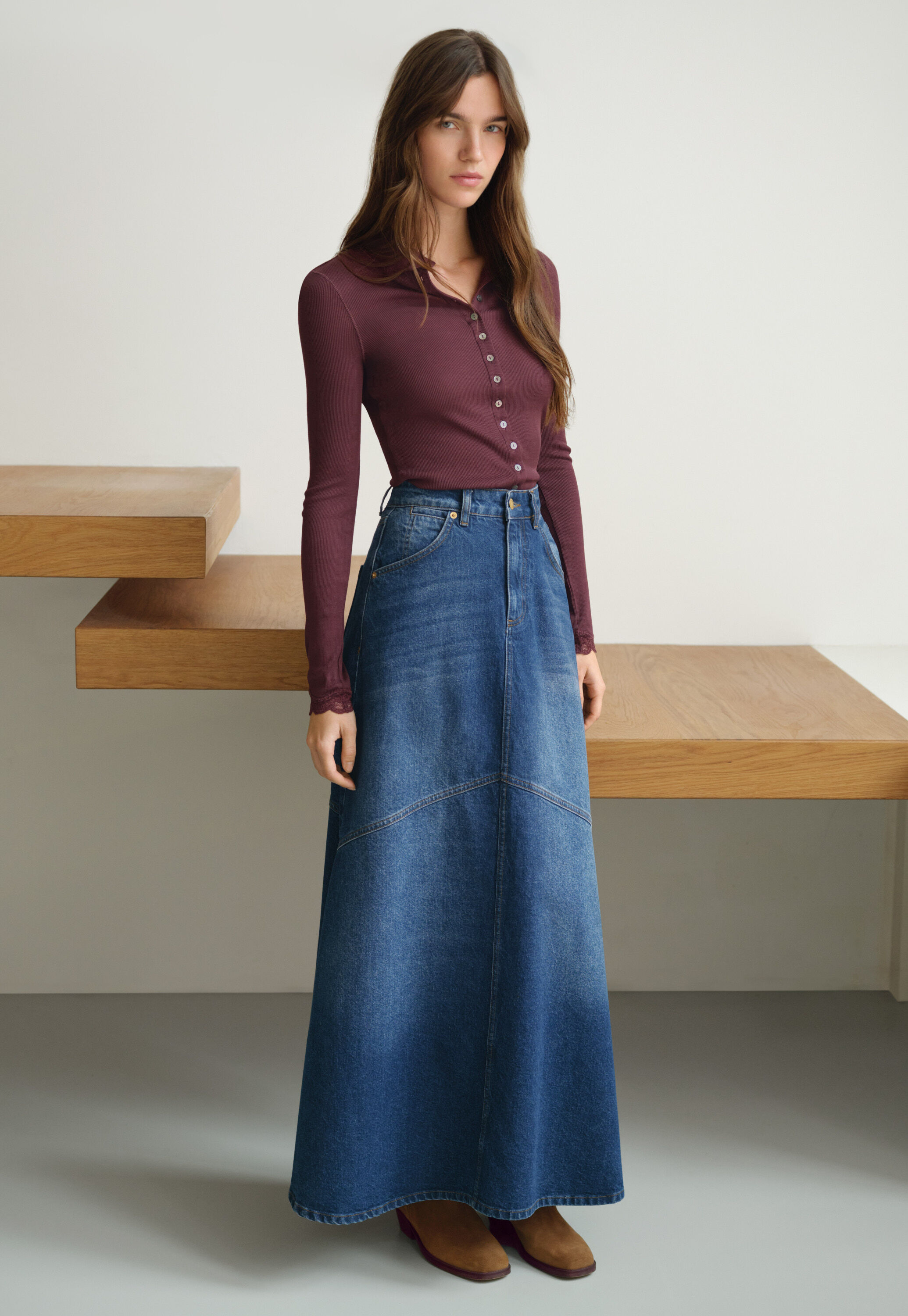 Flared denim maxi-skirt