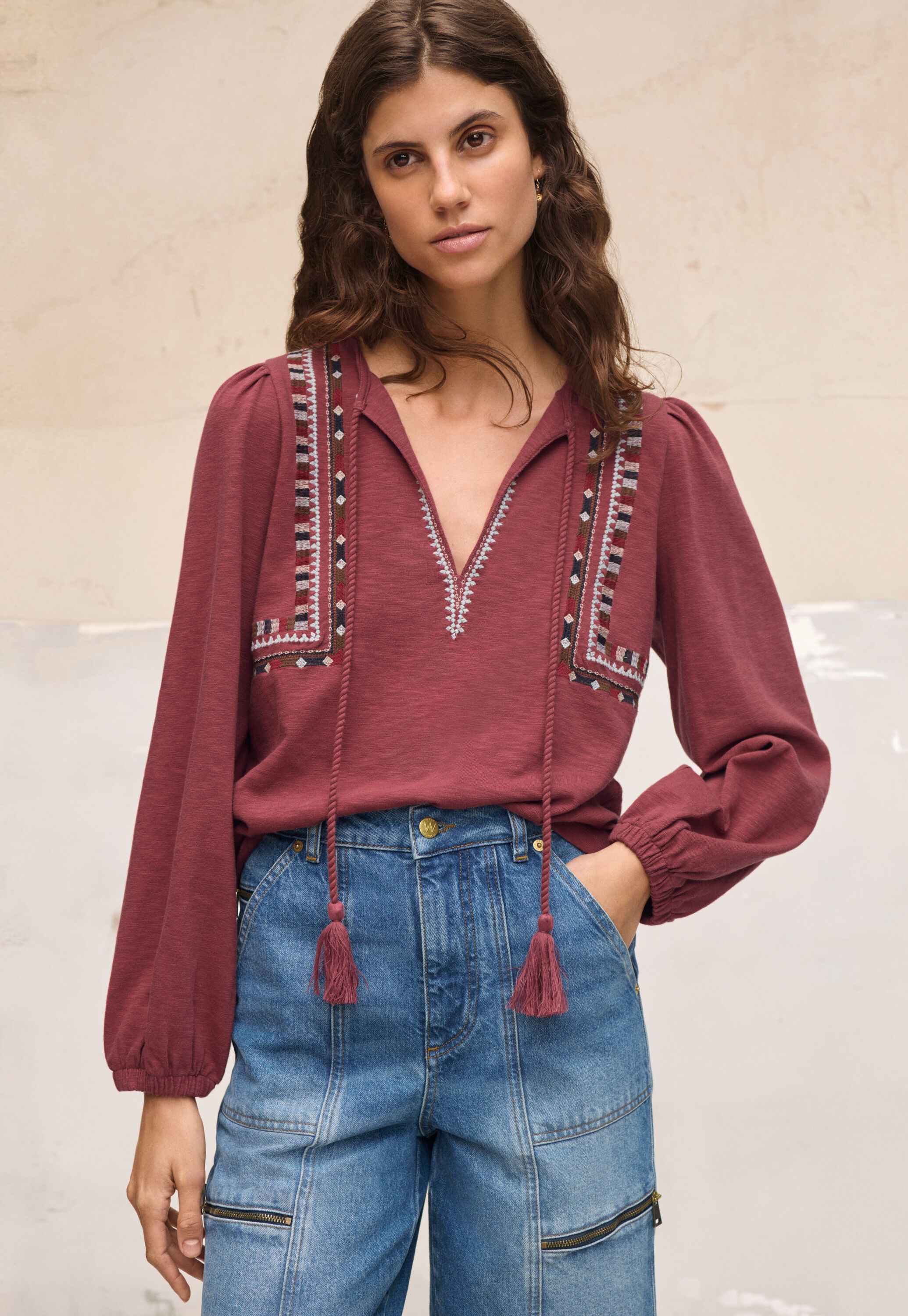 Embroidered tie-neck top