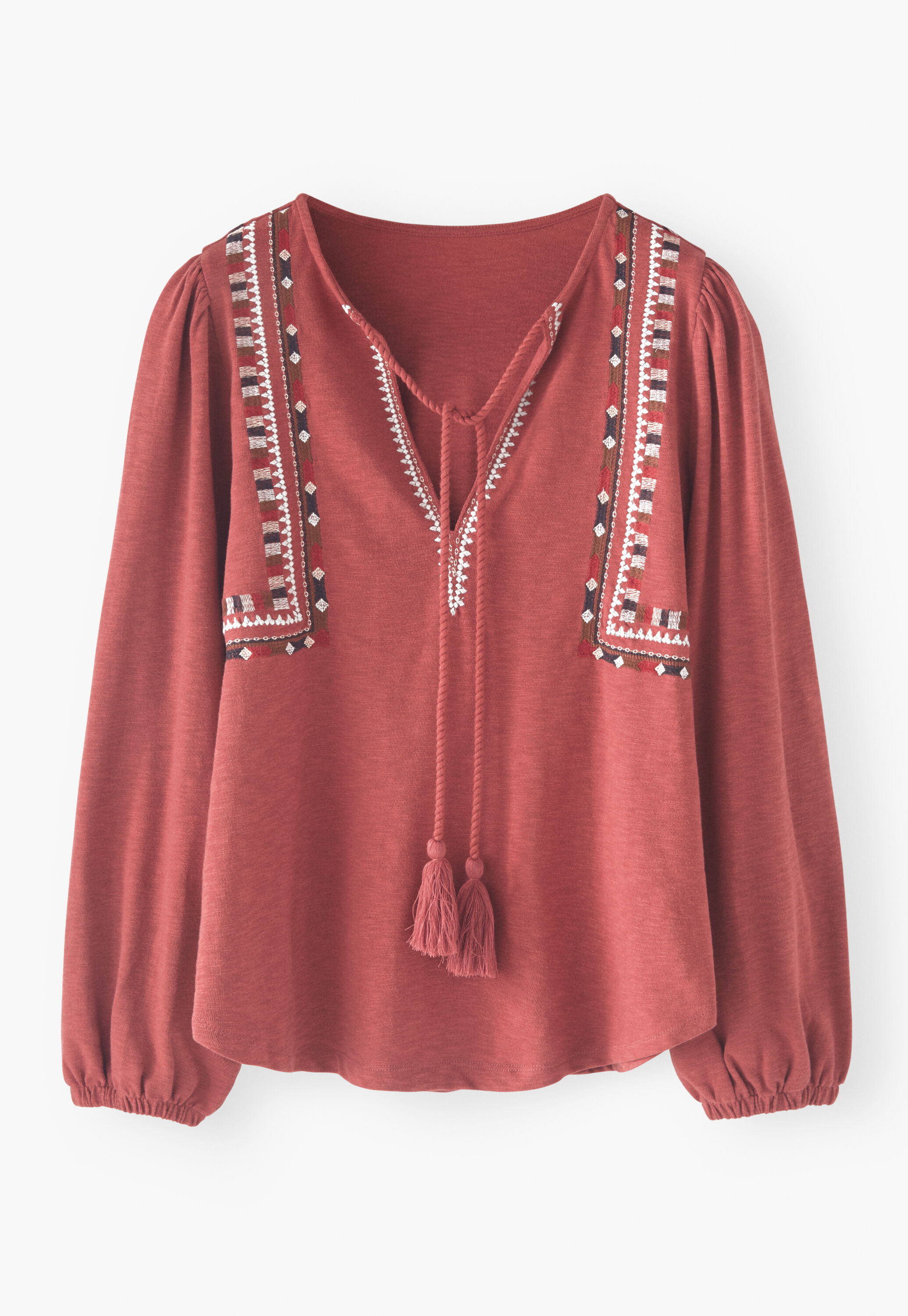 Embroidered tie-neck top