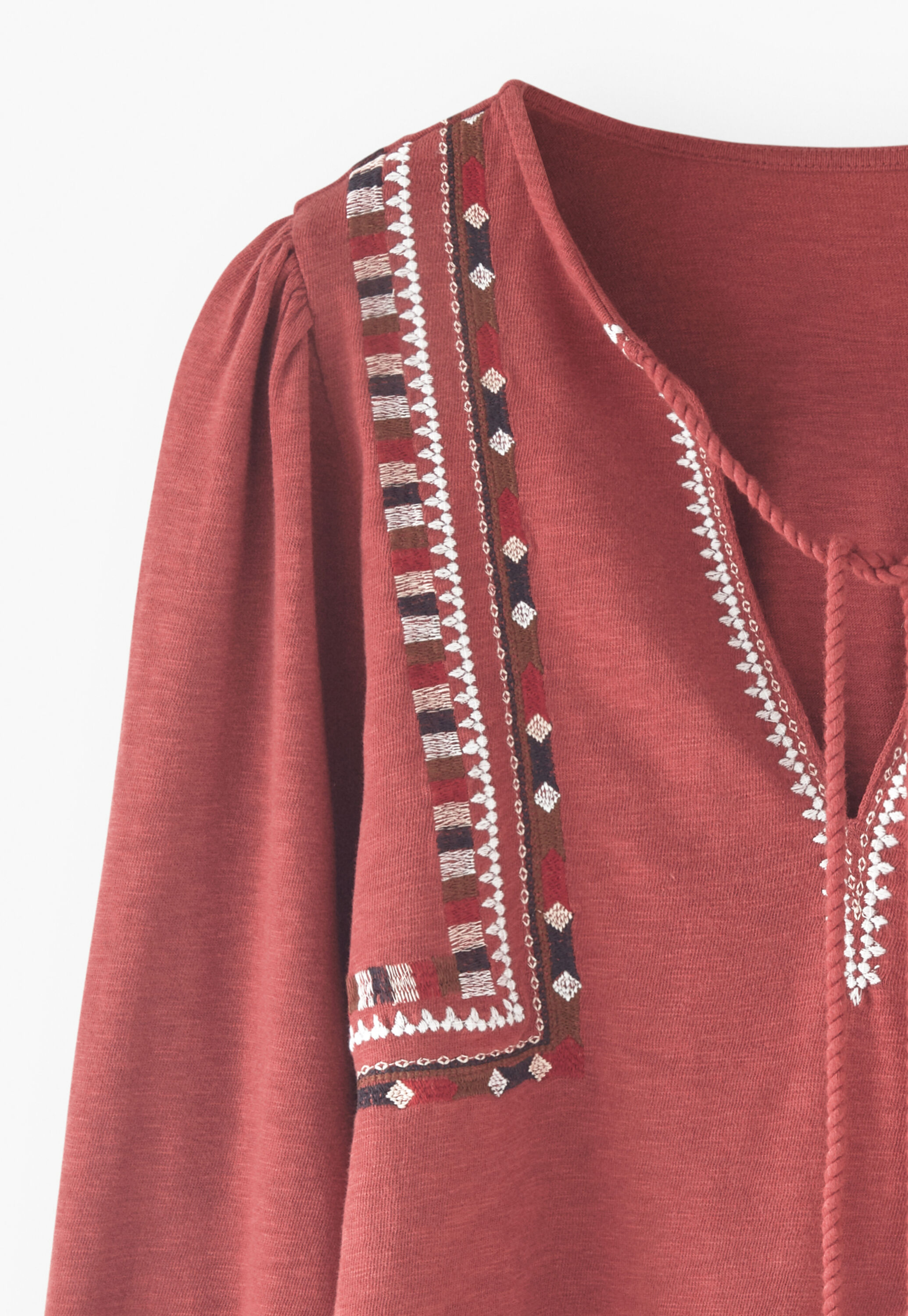 Embroidered tie-neck top