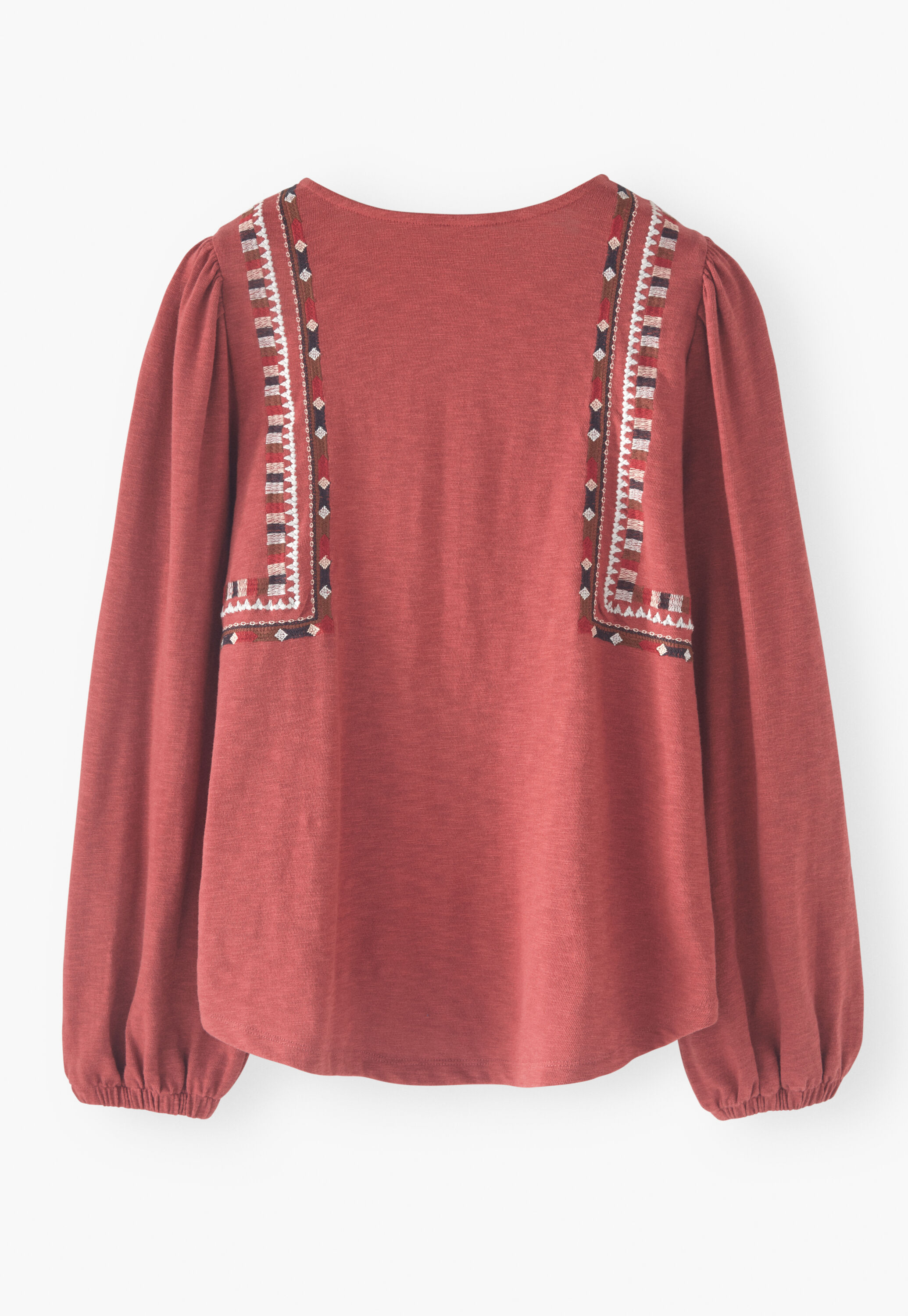 Embroidered tie-neck top