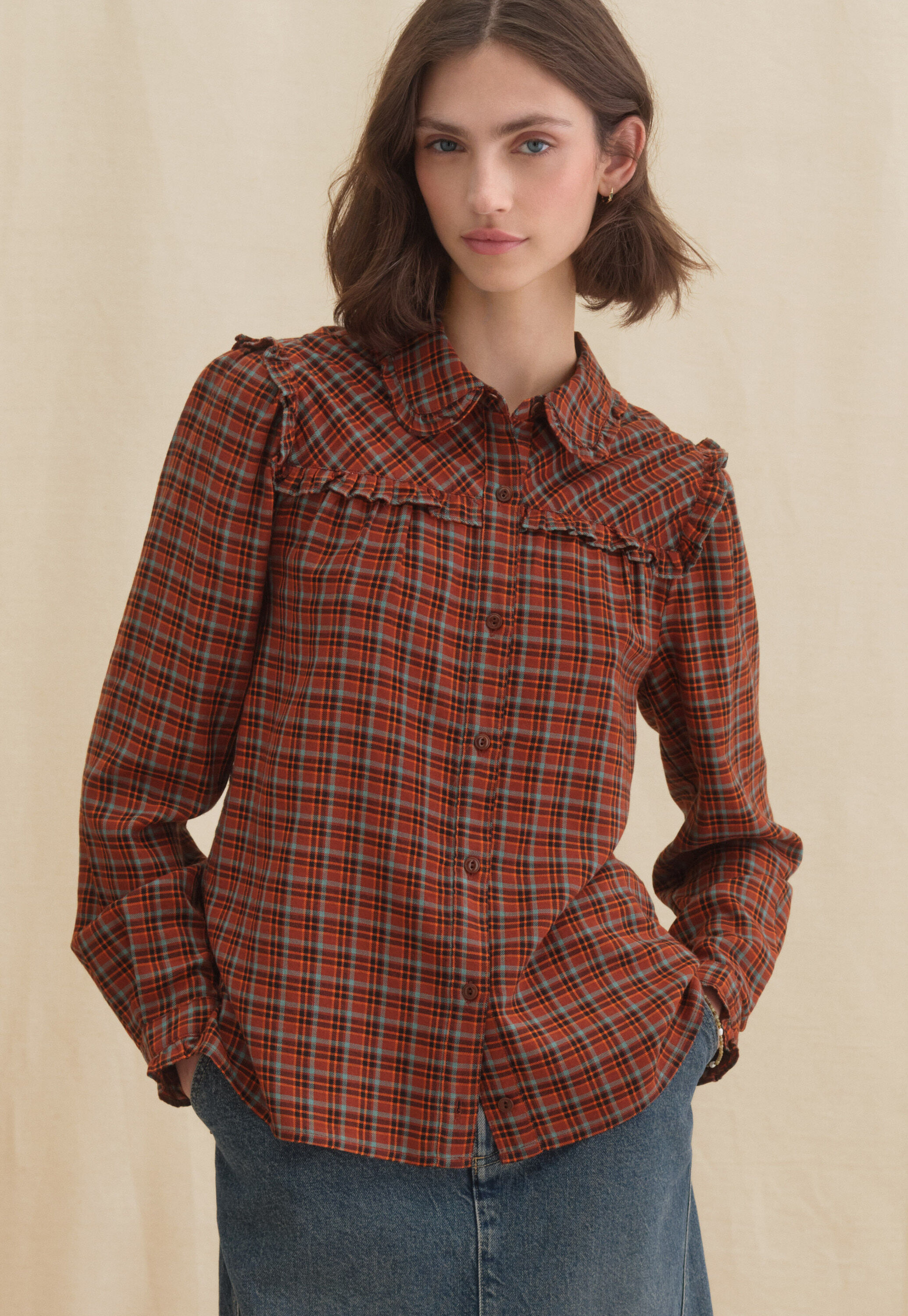 Checked frill blouse