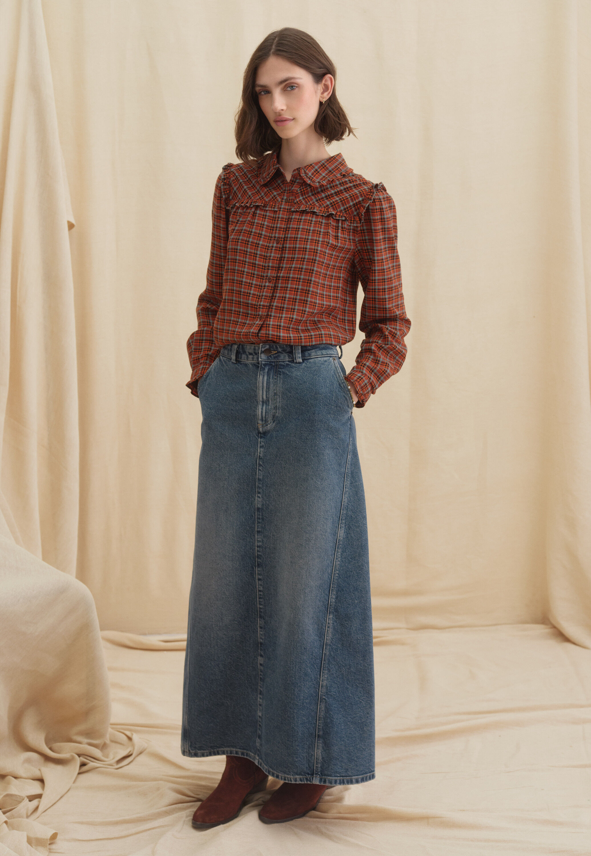 Checked frill blouse