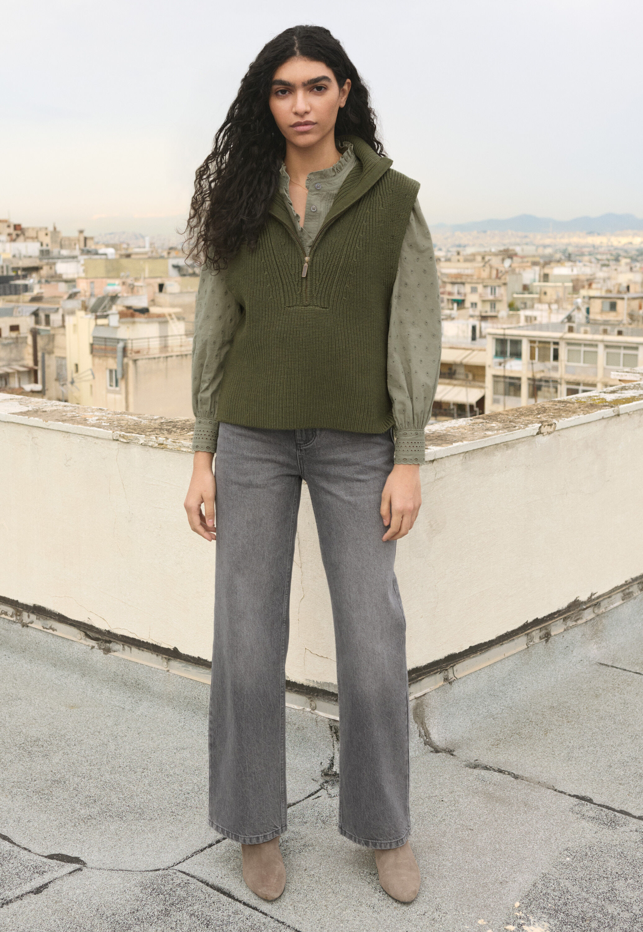 Ruffle-neck broderie blouse