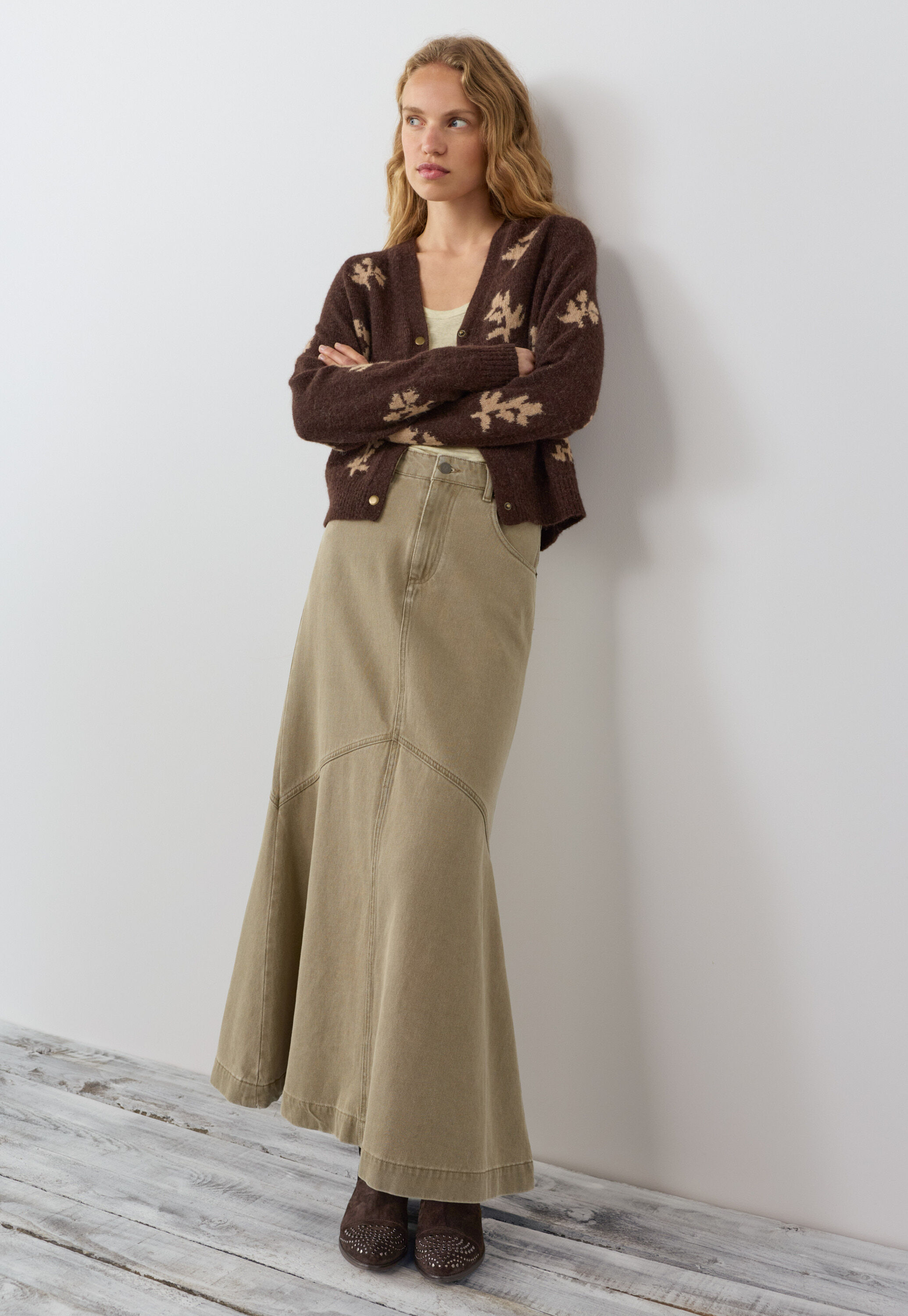 A-Line denim skirt, Dark olive, large