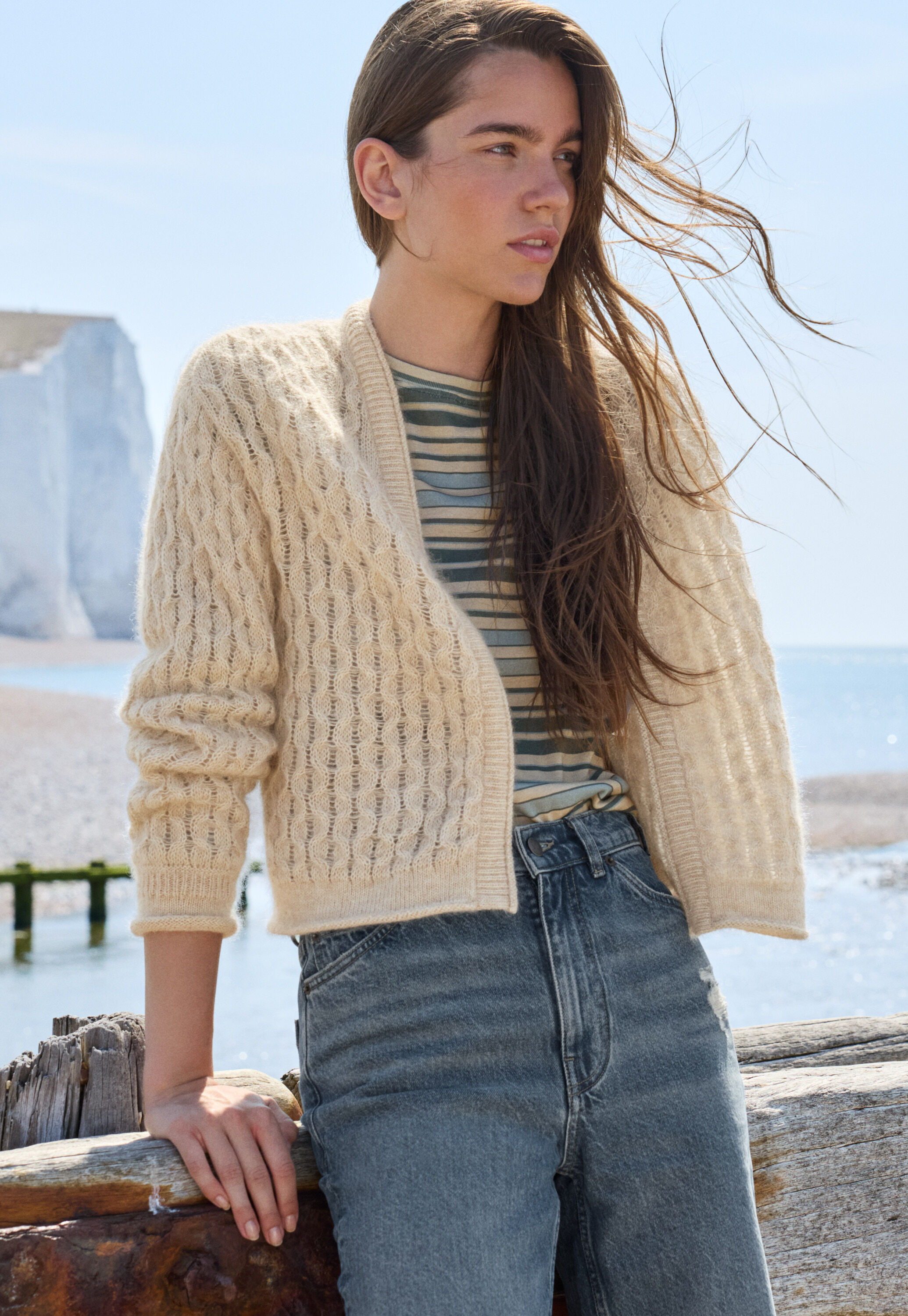 Cable-stitch cardigan, Oat, large