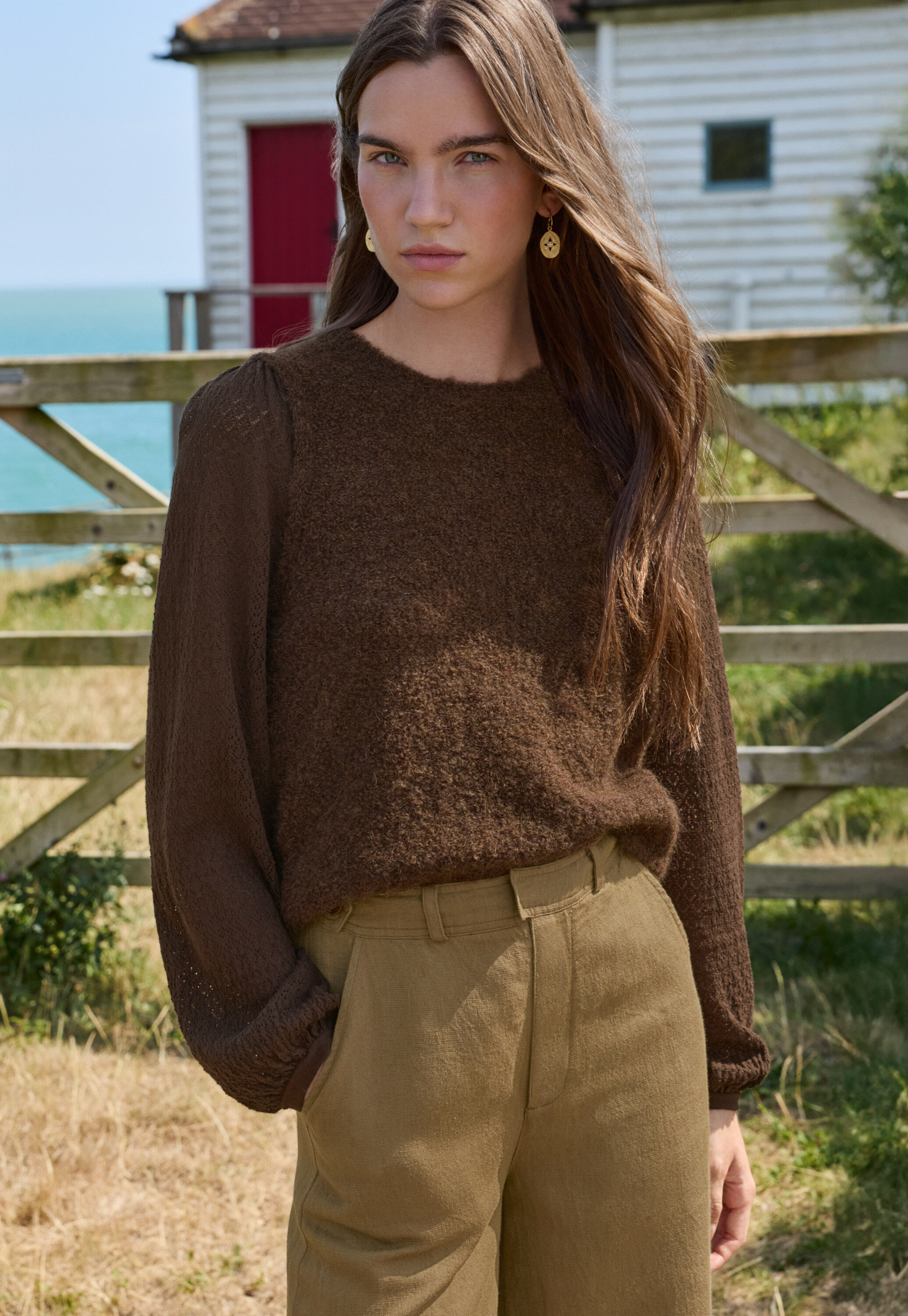 Pointelle-sleeve sweater