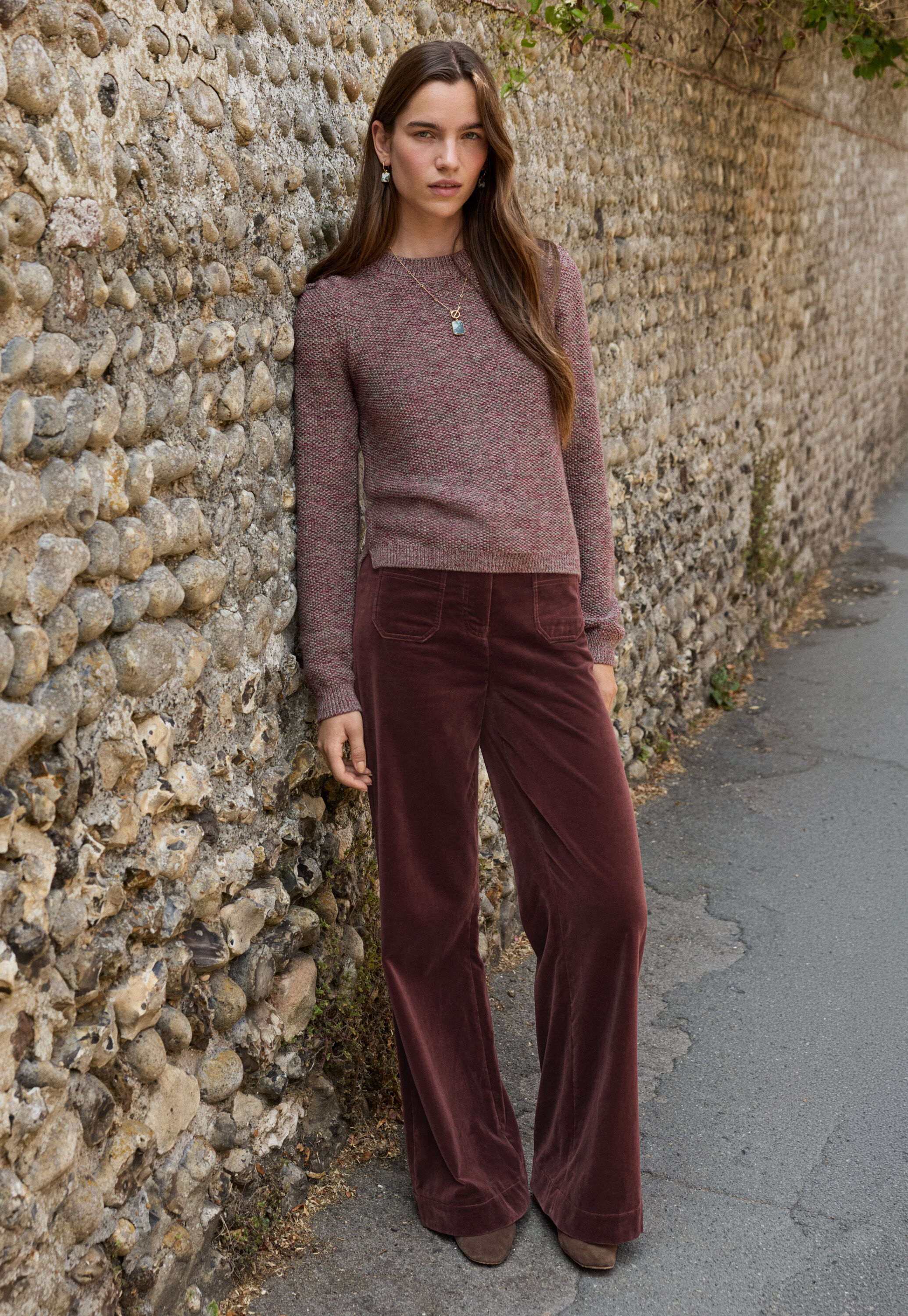 Velvet wide-leg trousers, Berry brown, large