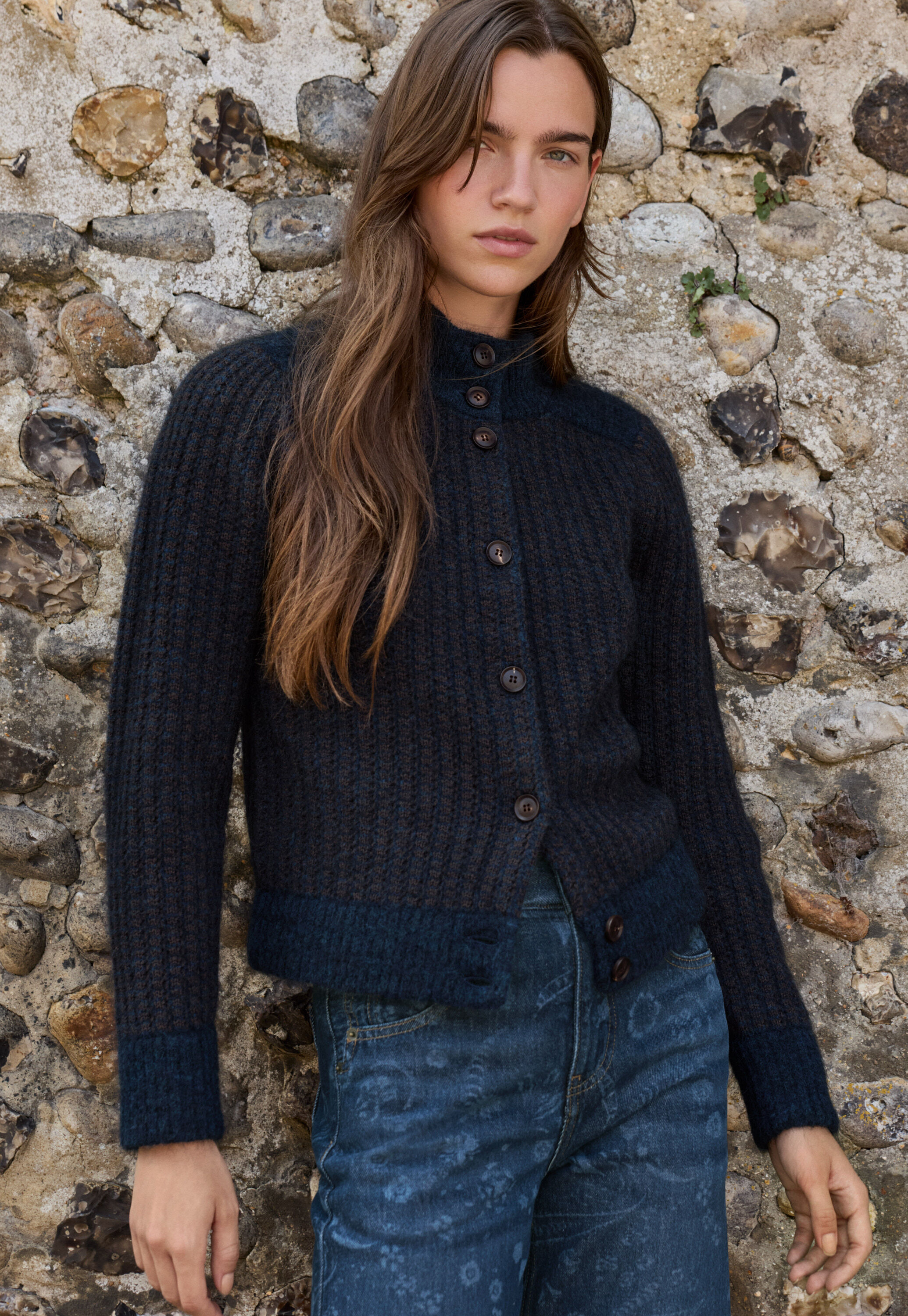 Stitch-detail knitted jacket, Midnight umber, large