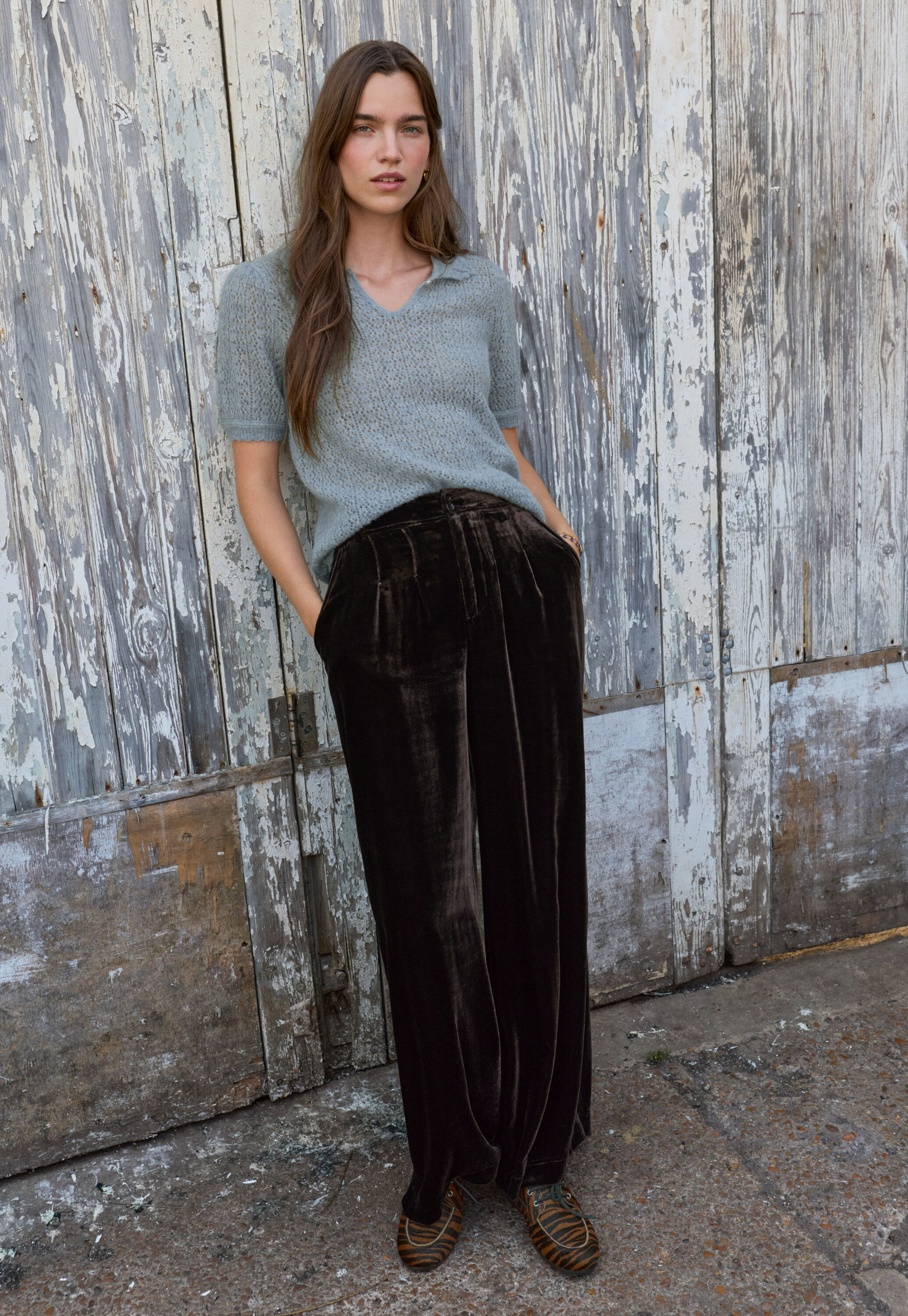 Velvet wide-leg trousers, Black coffee, large