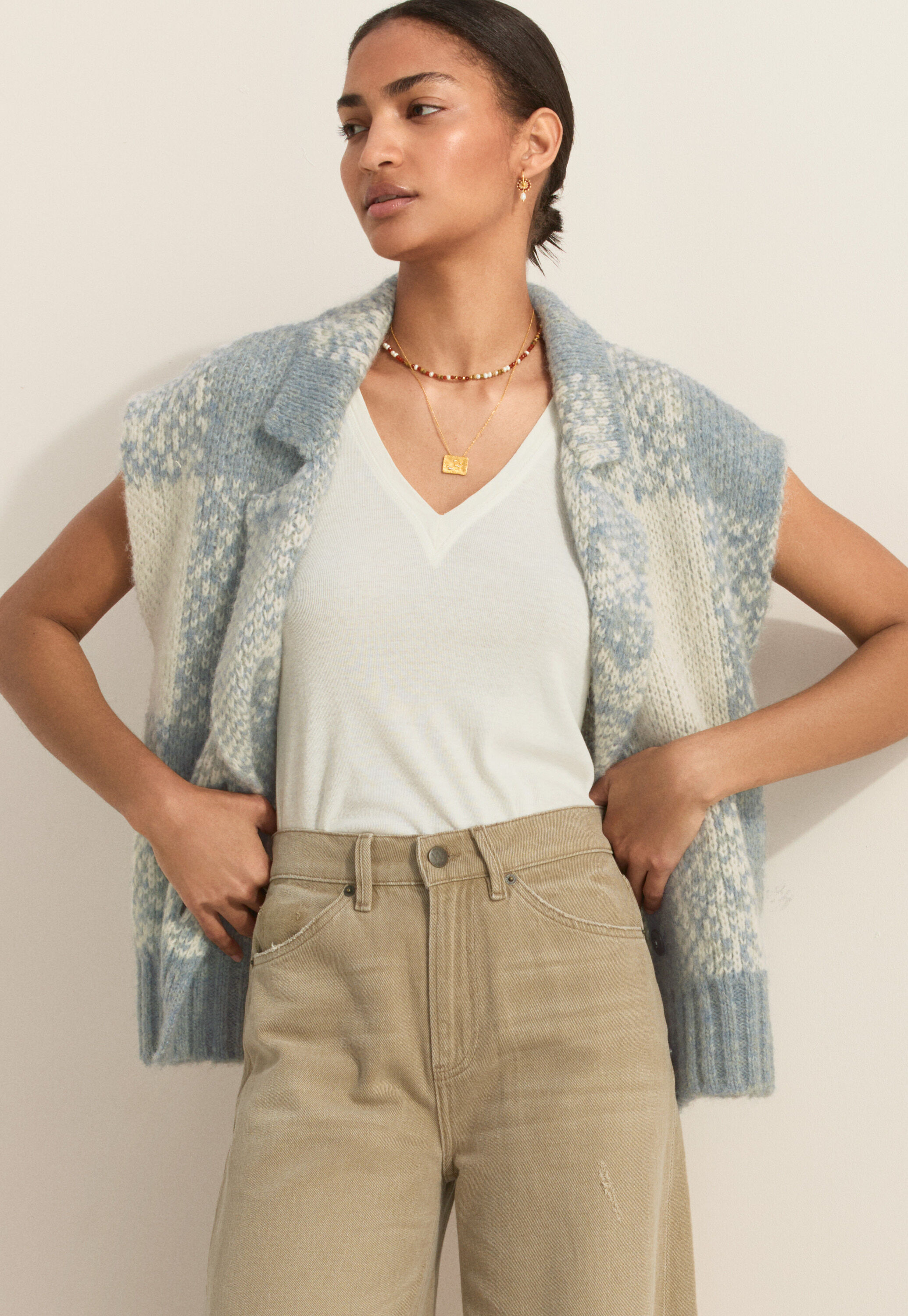 Sleeveless checked jacket, Blue stone, large