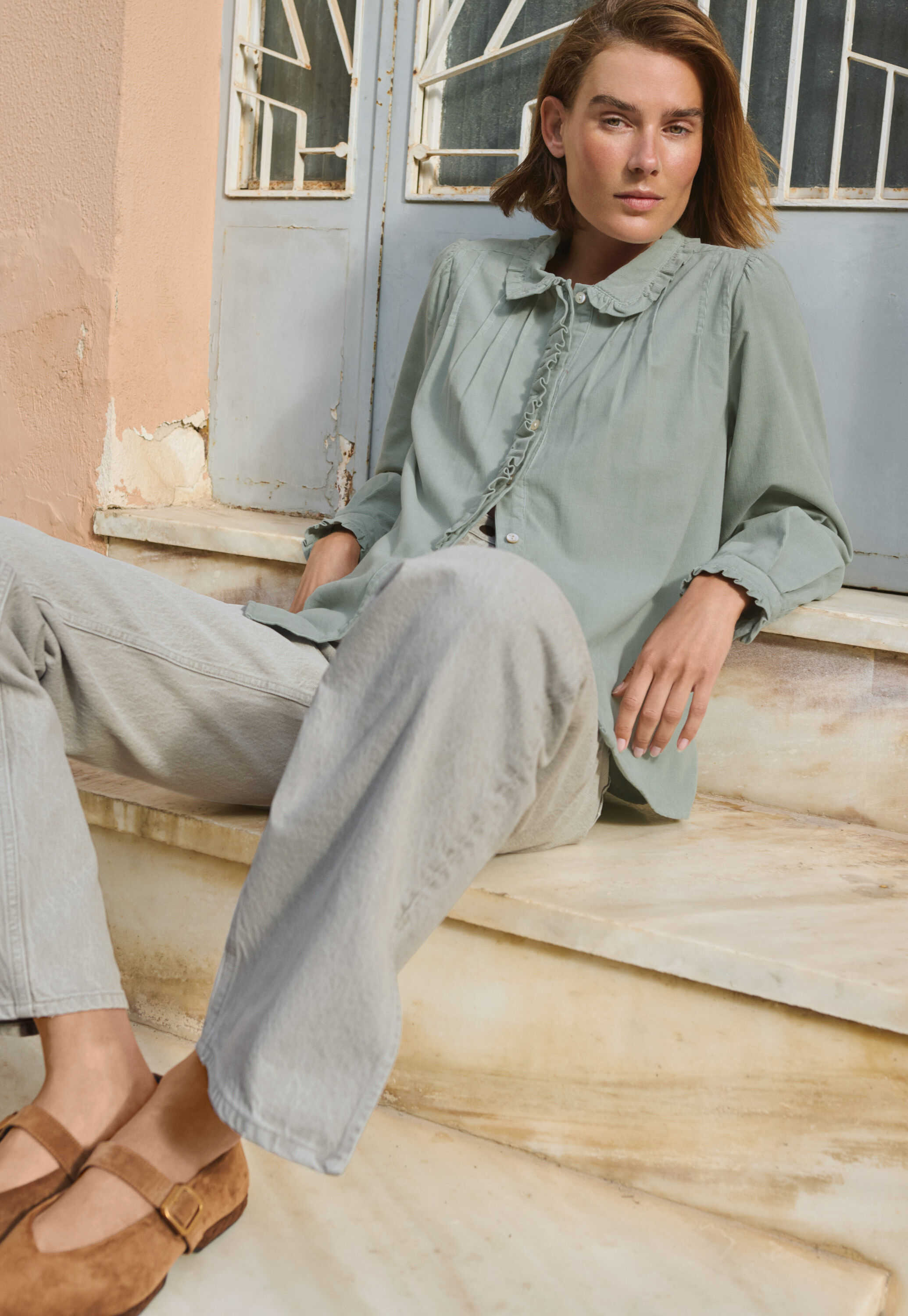 Cord pleated blouse, Dusty duck egg, large